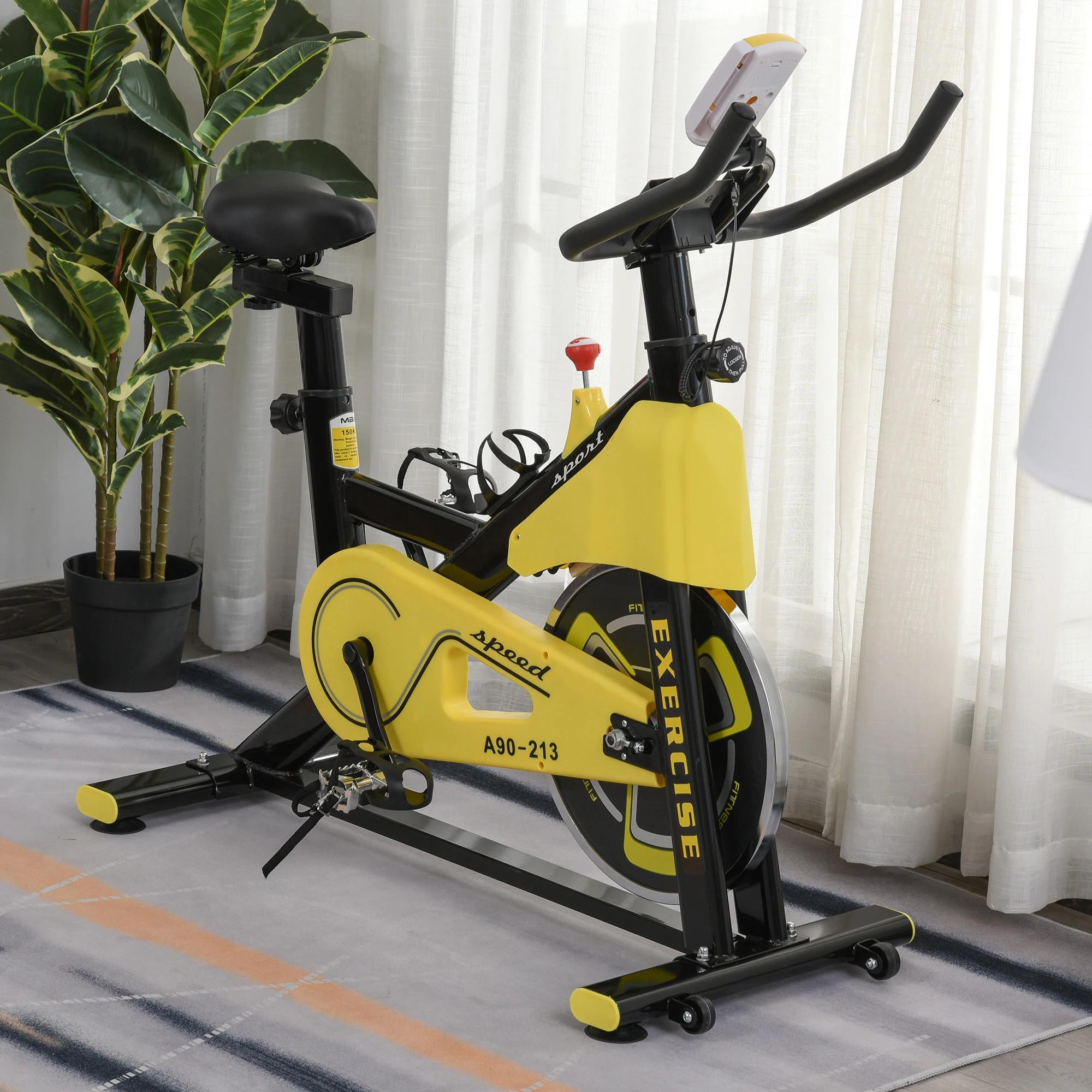 fietstrainer in hoogte verstelbare hometrainer fitness fiets rollertrainer met riemaandrijving LCD display staal ABS geel + zwart 50 x 100 x 101-113 cm