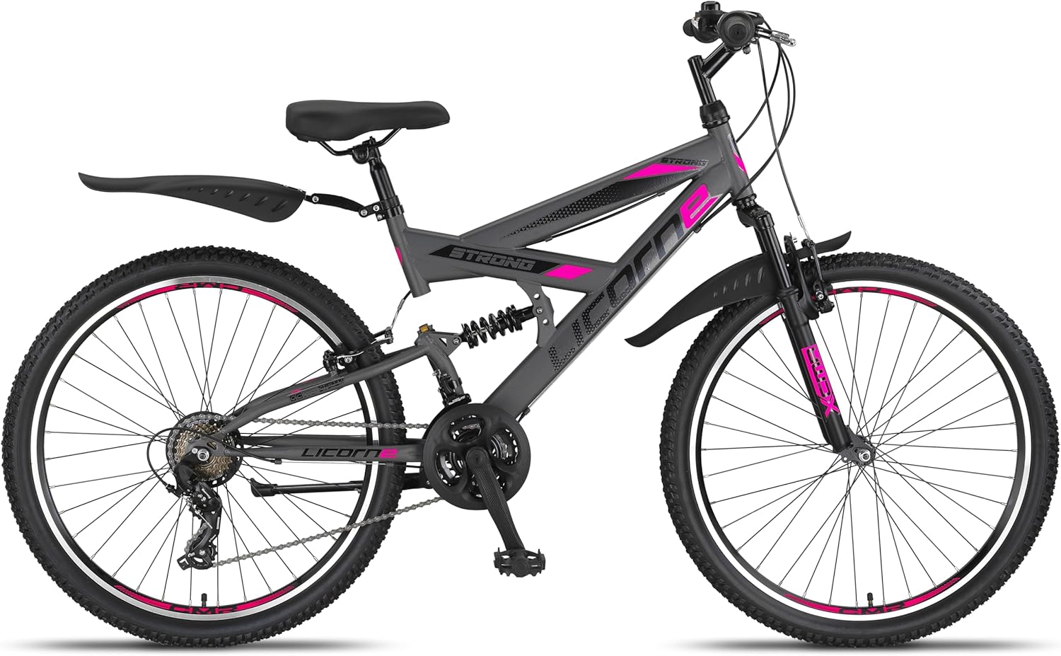 Licorne Bike Premium Strong V Mountainbike in 24 und 26 Zoll - Fahrrad für Jungen, Mädchen, Damen und Herren - 21 Gang-Schaltung - Vollfederung