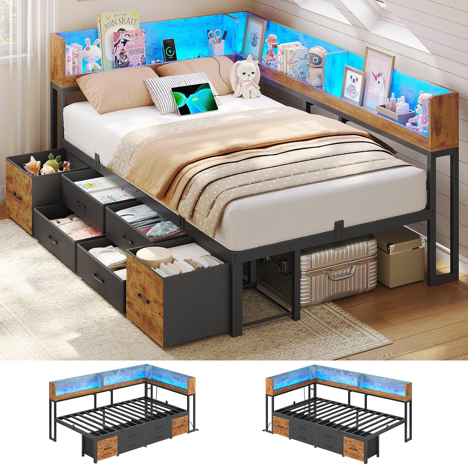 Bett 90x200 mit Stauraum Schlafsofa mit Integriertem Bücherregal & 6 Schubladen,Jugendbett mit LED-Beleuchtung & Ladestation Gästebett Tagesbett Bettgestell mit Lattenrost(Vintage Braun, 90x200cm)