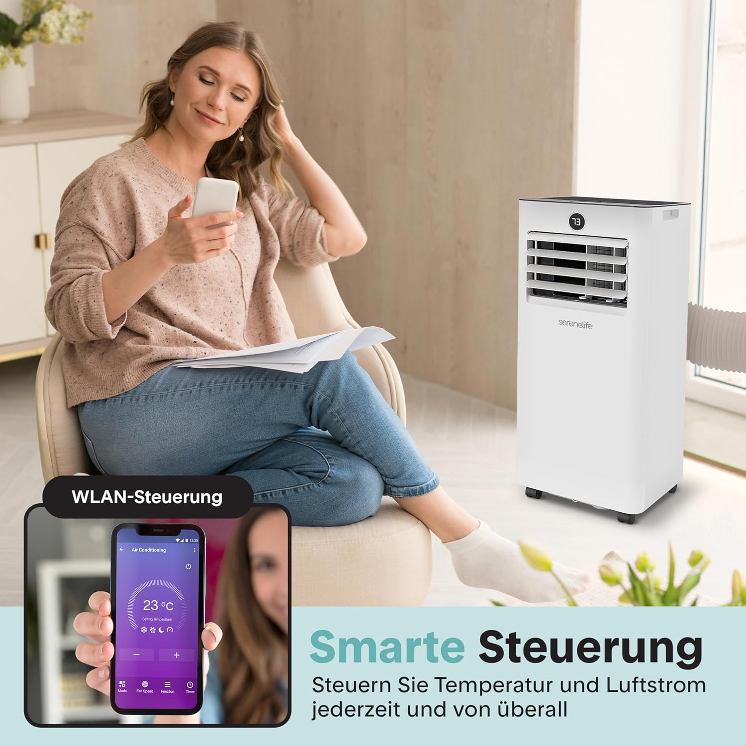 SereneLife Klimaanlage 7000BTU 2.05kW- 4-in-1 Mobiles Klimagerät mit WLAN, Heizen, Entfeuchten, Ventilator für Räume bis 28 m², inkl. Abluftschlauch und Fensterkit, 24h- Timer, 54db