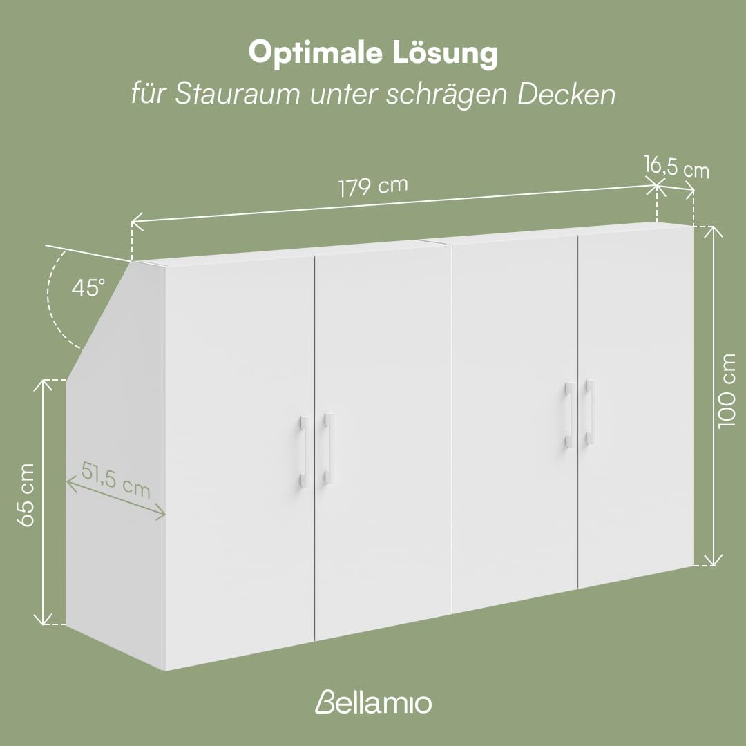 Bellamio Aland Dachschräge Regal in weiß – Dachschrägenschrank mit 4 Türen & 6 Fächern – Bücherregal/Kleiderschrank – platzsparender Stauraum für schräge Wände – Nischenschrank 100x179x52 (HxBxT)