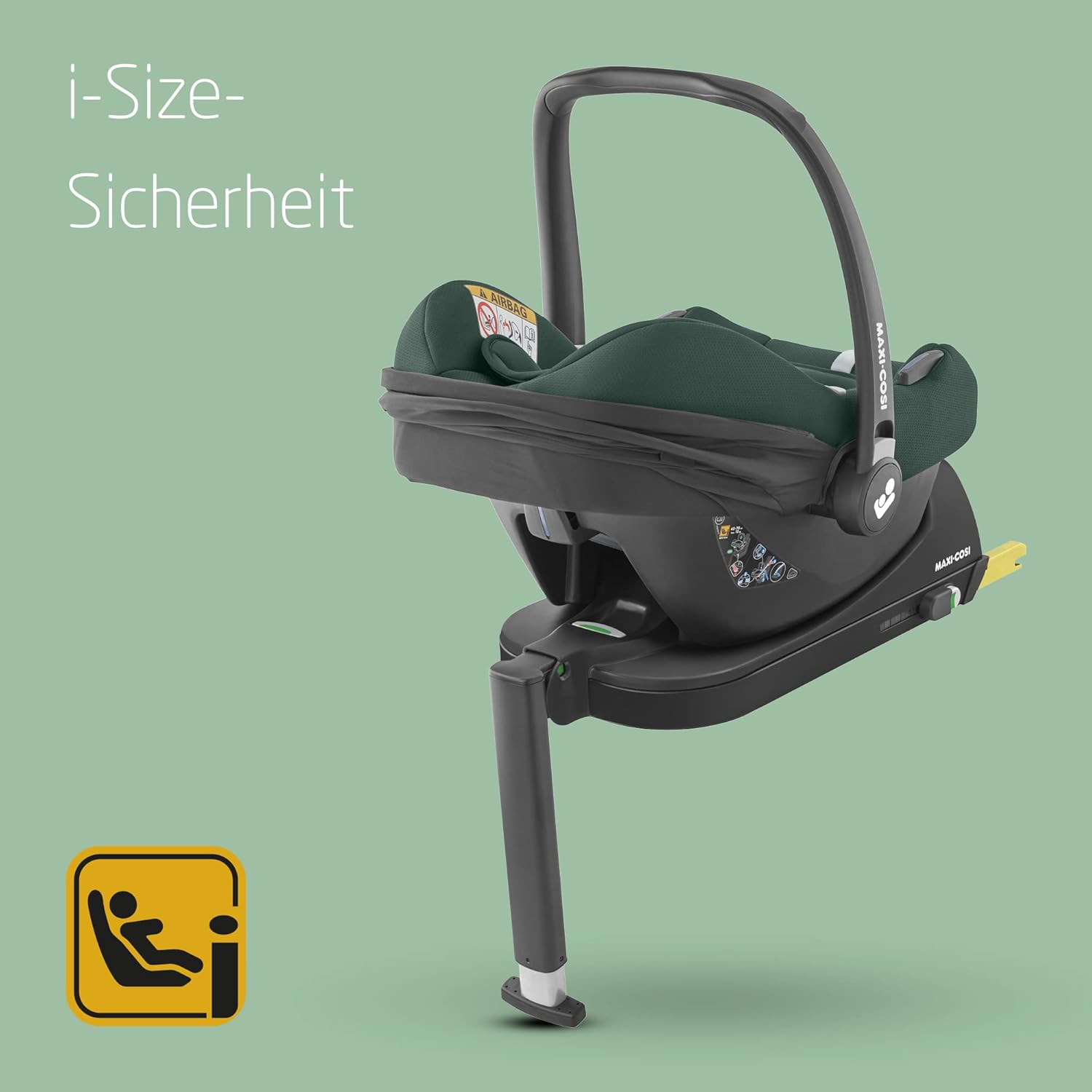 Maxi-Cosi CabrioFix i-Size, Babyschale, 0–12 Monate, max. 12 kg, leichter i-Size Kindersitz (3,2 kg), Sonnenverdeck, gepolsterter Sitz, für viele Maxi-Cosi Kinderwagen, Essential Green