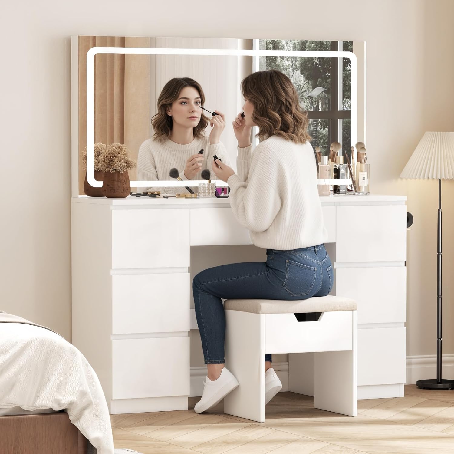 Schminktisch Groß mit Spiegel und LED Beleuchtung 115cm,Farbtemperatur Einstellbar, 7 Schubladen Schminktisch mit Steckdose Dressing Table mit Hocker,115x40x139cm,Weiß