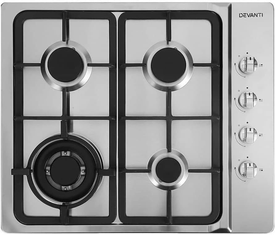 Devanti 60cm Gas Cooktop with 4 Burners - Stainless Steel and Tempered Glass