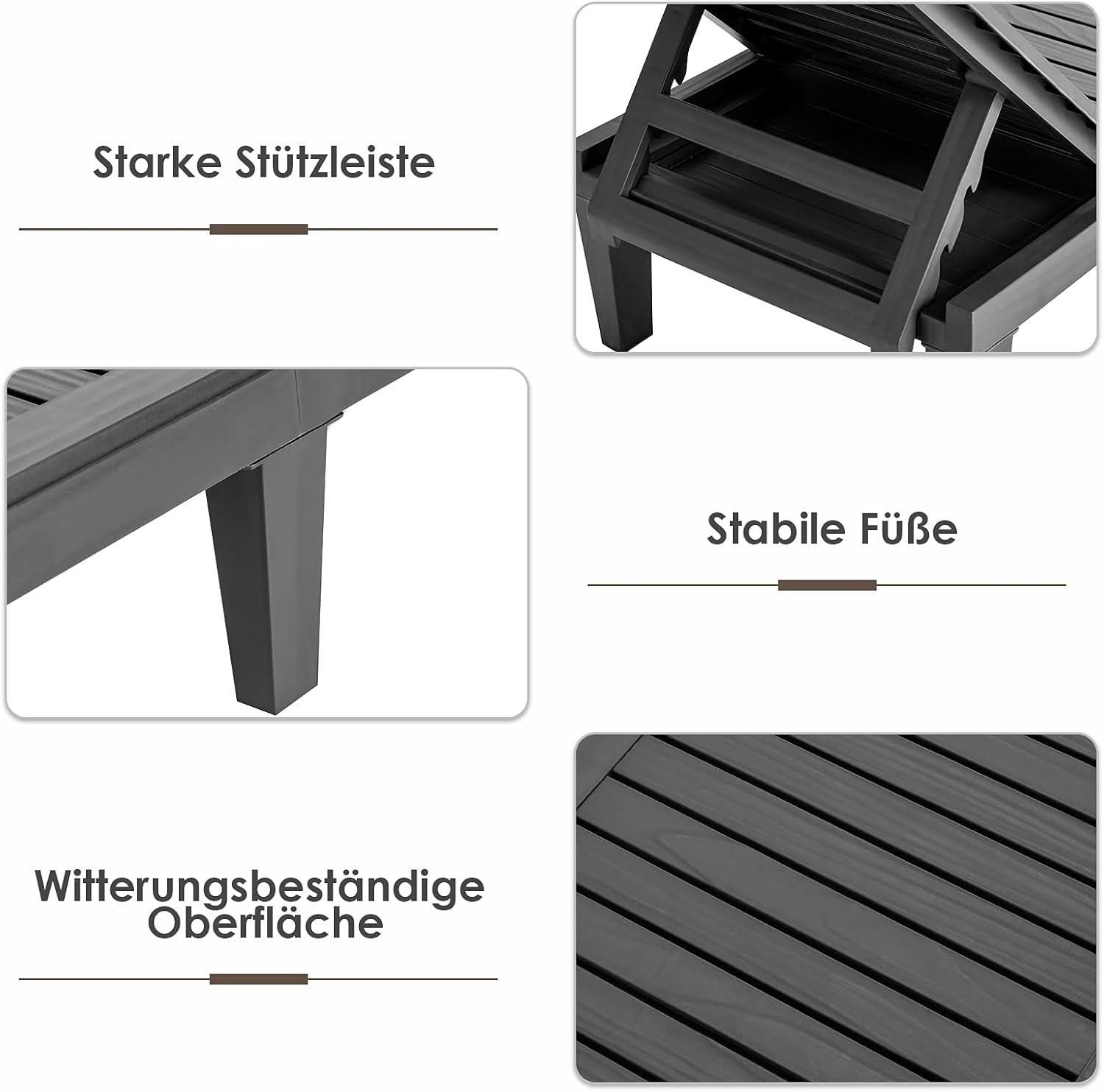 COSTWAY 2er Set Sonnenliege Kunststoff wetterfest, Gartenliege mit Verstellbarer Rückenlehne, Balkonliege, Terrassenliege Holzoptik, Liegestuhl bis 180 kg belastbar für Garten, Terrasse, Schwarz
