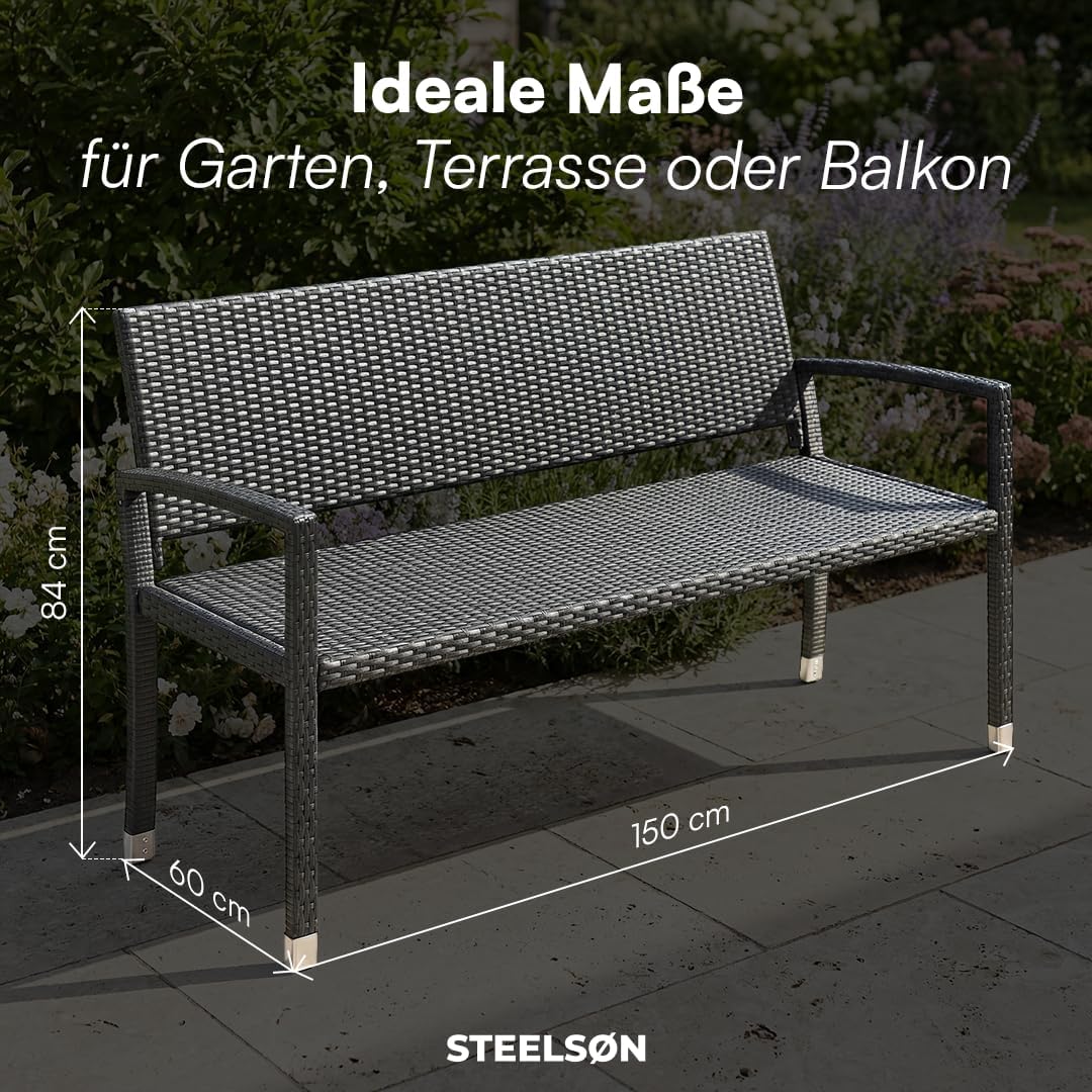 STEELSØN Mirador Gartenbank 3 Sitzer schwarz – Sitzbank Outdoor aus Polyrattan – Balkonbank wetterfest – Rattanbank mit ergonomischer Lehne – Parkbank bis 320kg belastbar – Bank für Garten/Terrasse