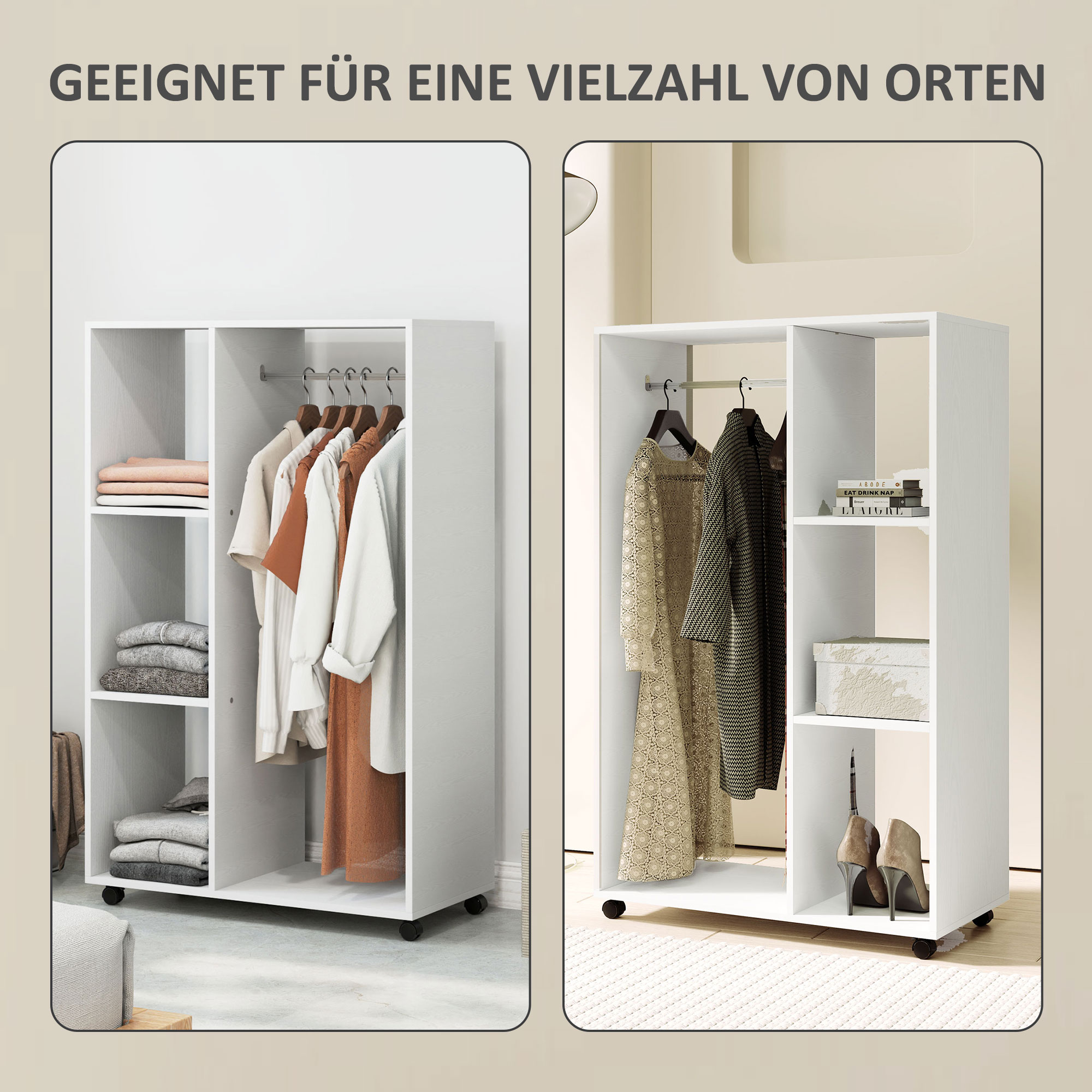 Mobiele Open Garderobe op Wielen, Garderobekast, Verplaatsbaar Kledingrek, 80 x 40 x 128 cm, Wit