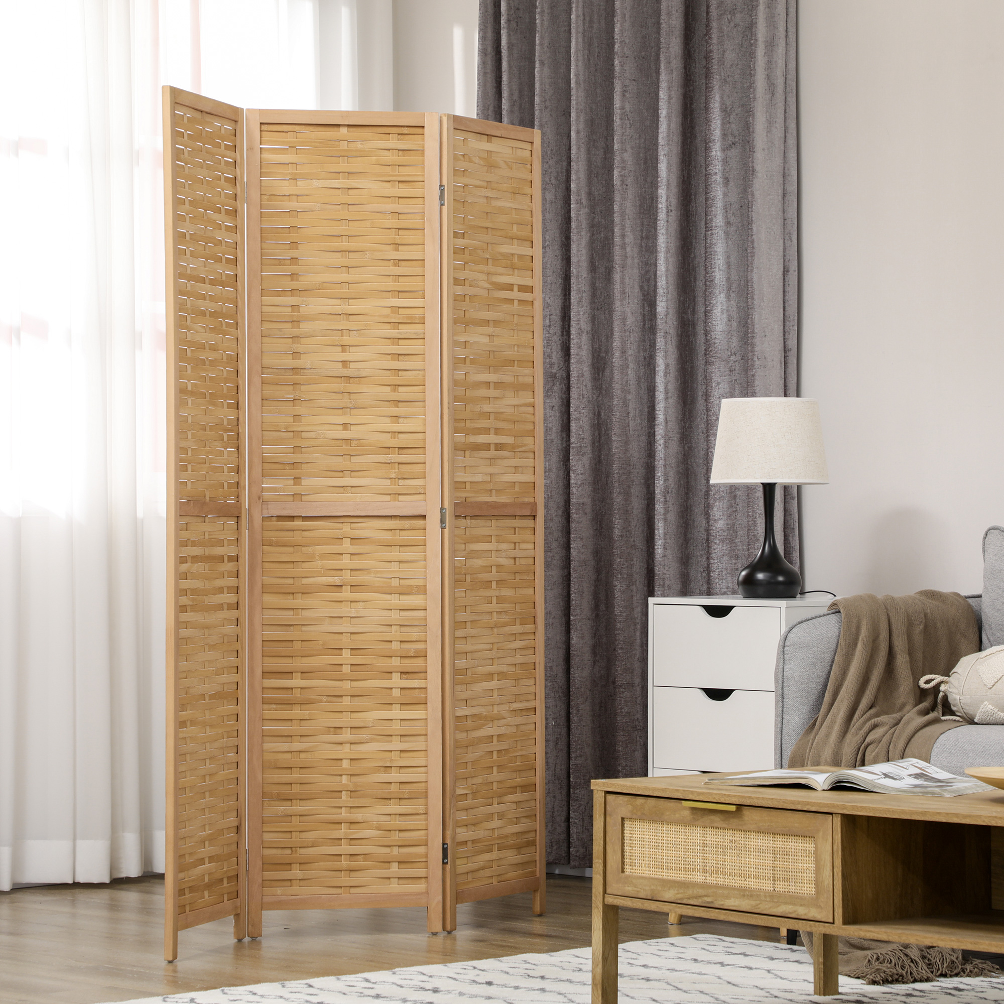 Klapbare Scheidingswand Privacy Scherm, Bamboe, 3-delig, 120 cm x 170 cm x 1,8 cm, Natuurlijk