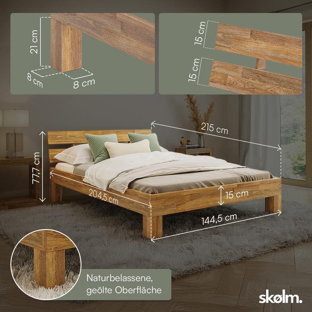 skølm Floki Massivholzbett 140x200 cm aus Eiche - hochwertiges Bettgestell - Bettrahmen mit Bettkopf - Holzbett in Natur geölt - Bett 140x200 cm geeignet als Doppelbett - Futonbett