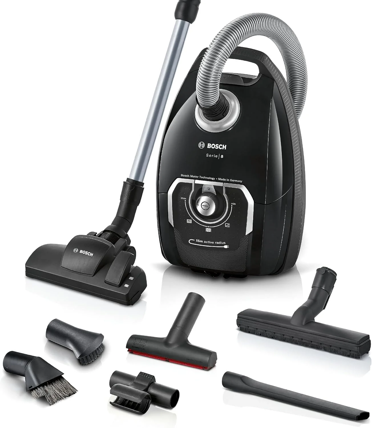 Bosch Stofzuiger met zak Serie 8 BGB75X494, sledestofzuiger, ideaal voor mensen met allergie?n, hygi?nefilter, vloermondstuk voor parket, tapijt, tegels, lange kabel, stil, 650 W, blauw