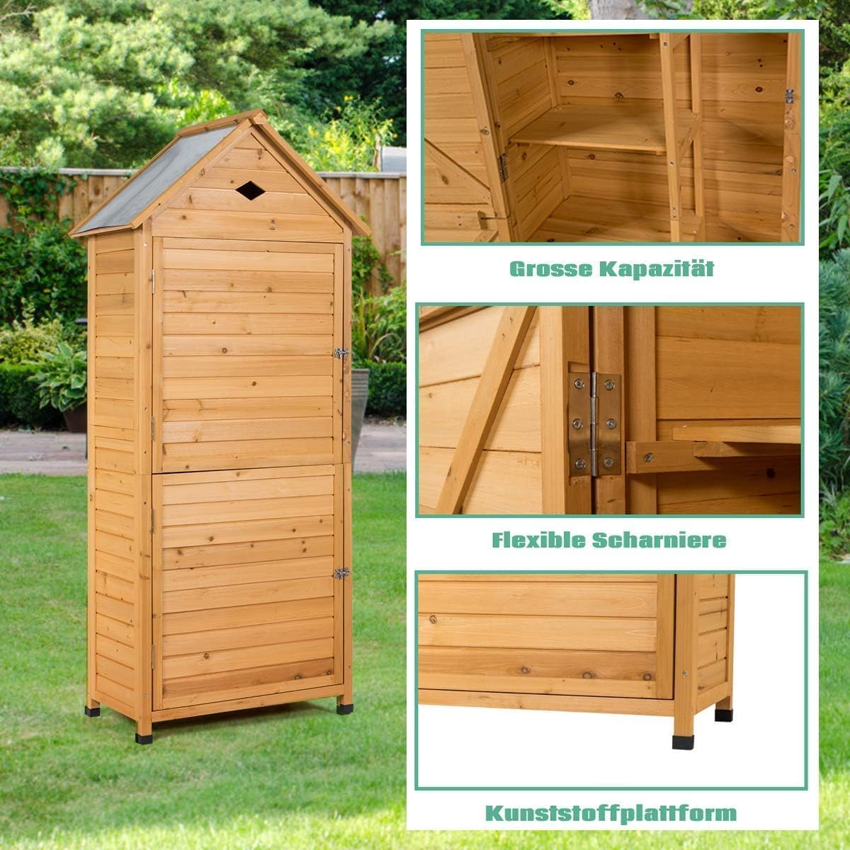 RELAX4LIFE Gerätehaus Garten, Gartenhaus aus Holz, Gartenschrank mit Satteldach, Geräteschrank wetterfest, Geräteschuppen mit Ablagen, Werkzeugschrank für den außenbereich, 177 x 80 x 45 cm