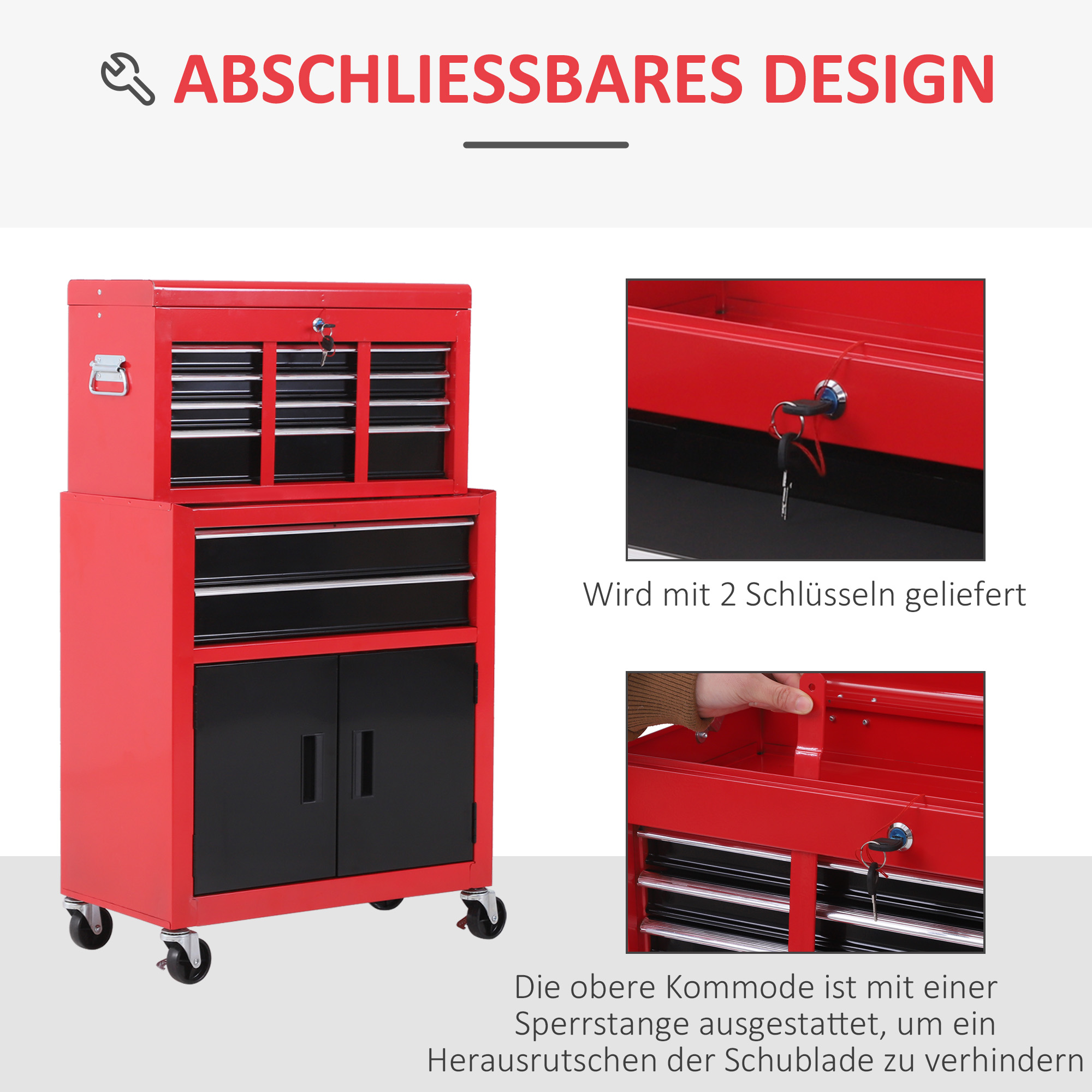 Gereedschapskast met Gereedschapskist, Op Wielen, 6 Laden, Metaal, Rood