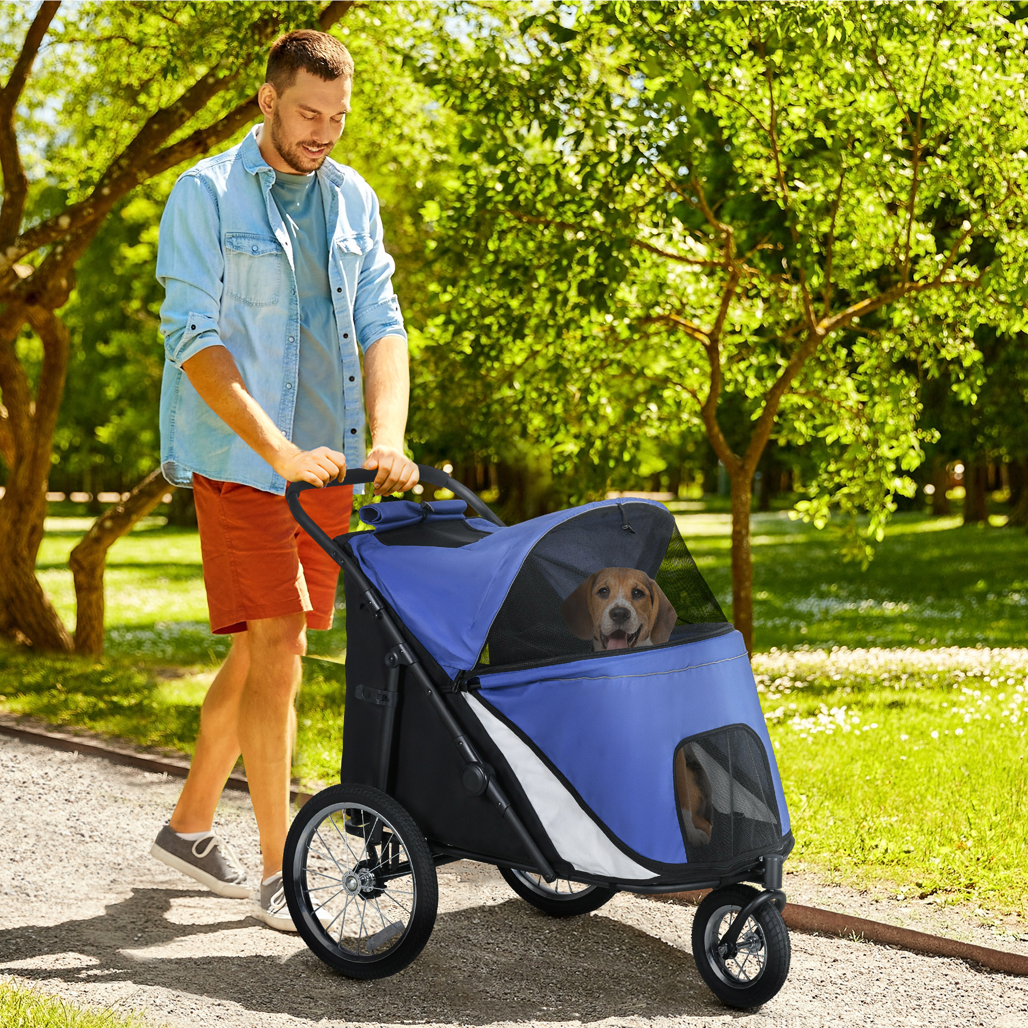 PawHut Hondenbuggy, inklapbaar, opklapbaar, Ligkussen, Stalen frame, Blauw/Zwart