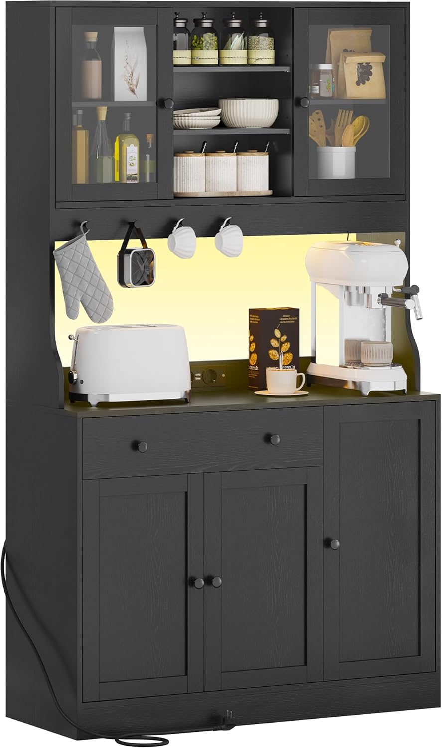 Küchenschrank mit Arbeitsplatte, Sideboard mit LED, Steckdose, Buffetschrank mit Schubladen, Verstellbaren Ablagen, Großer Stauraum, Küche, Wohnzimmer, Esszimmer, 103.5*40*180 cm, Schwarz
