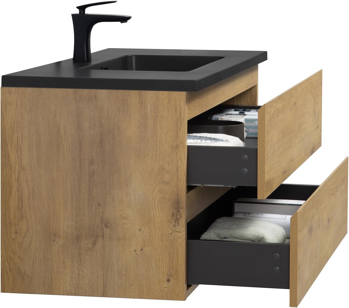 Badplaats B.V. Badezimmer Badmöbel Set Angela 100 cm - Schwarzes Waschbecken - Eiche - Unterschrank Schrank Waschbecken Waschtisch