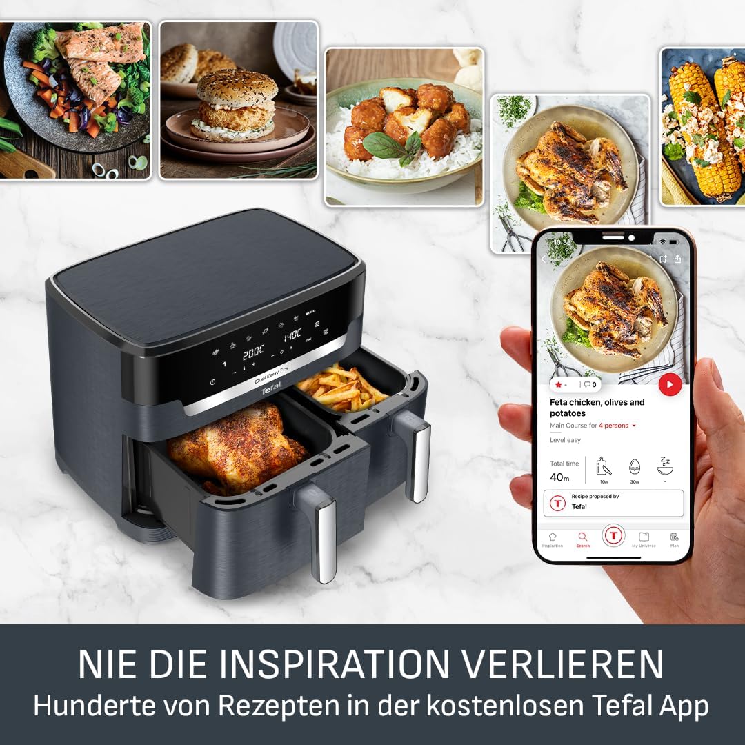 Tefal Dual Easy Fry XXL Heißluftfritteuse 11 L – Airfryer mit 2 Kammern (Doppelkammer), 7 Programme, 2700 W, digitales Display, Extra-Crisp Technologie, fettarm frittieren, energiesparend EY942B