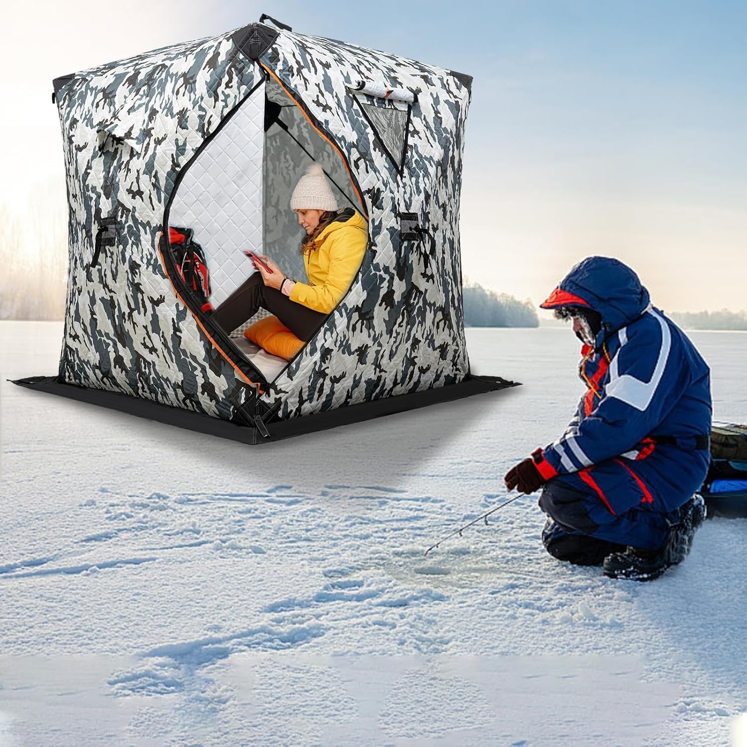 COUCHO Tragbarer Schutz for Eisangeln, Winter-Eisangelzelt for 3–4 Personen, warmes Outdoor-Pop-up-Camping-Eisangelzelt aus Baumwolle mit Tragetasche und Reißverschlusstür, Thermohütte for Eisangeln