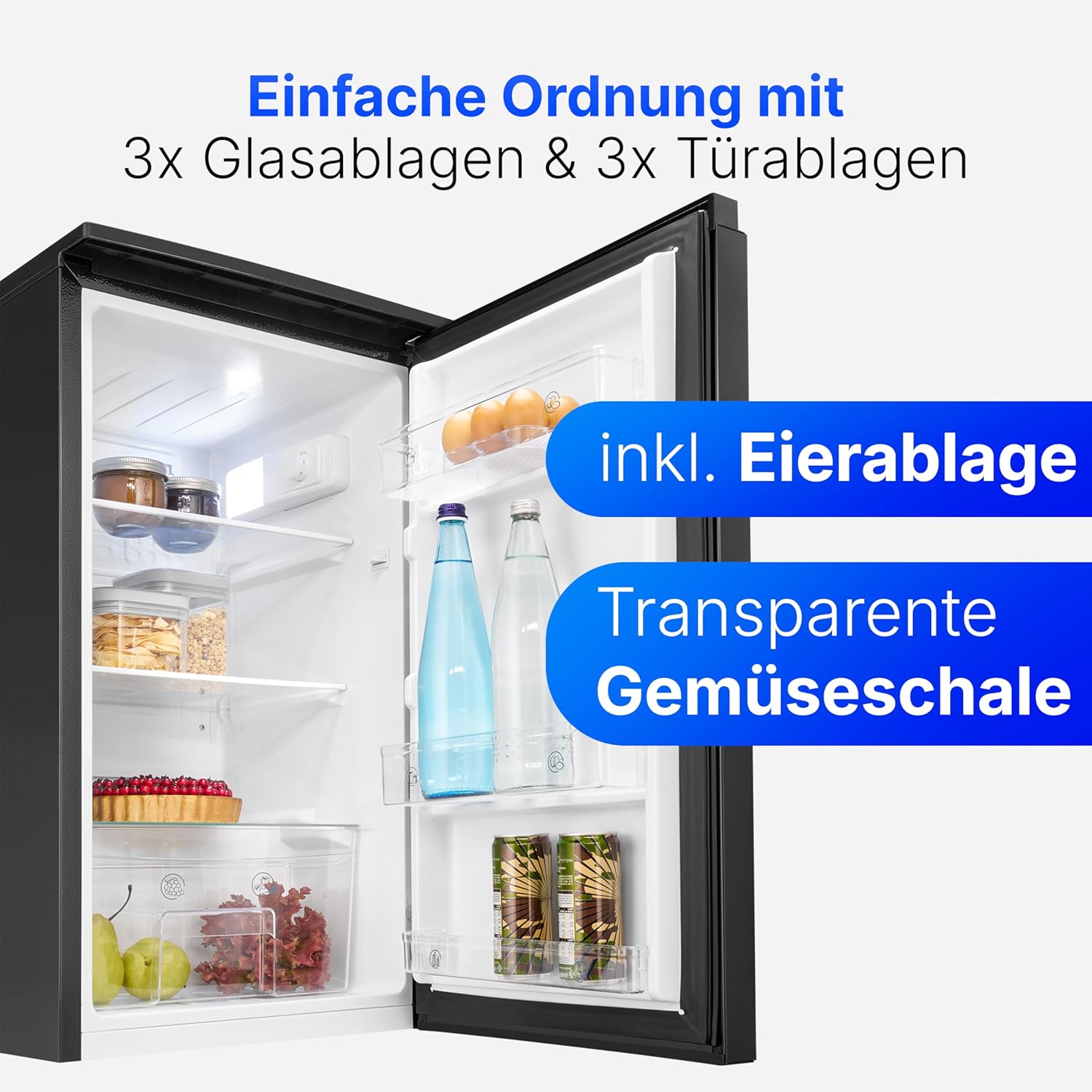 Bomann Kühlschrank ohne Gefrierfach 87L energieeffizient, leise  und  kompakt 0°C-8°C, stufenlos regelbar 3 Ablagen  und  Gemüsefach Türanschlag wechselbar Standardkühlschrank VS 7255 schwarz