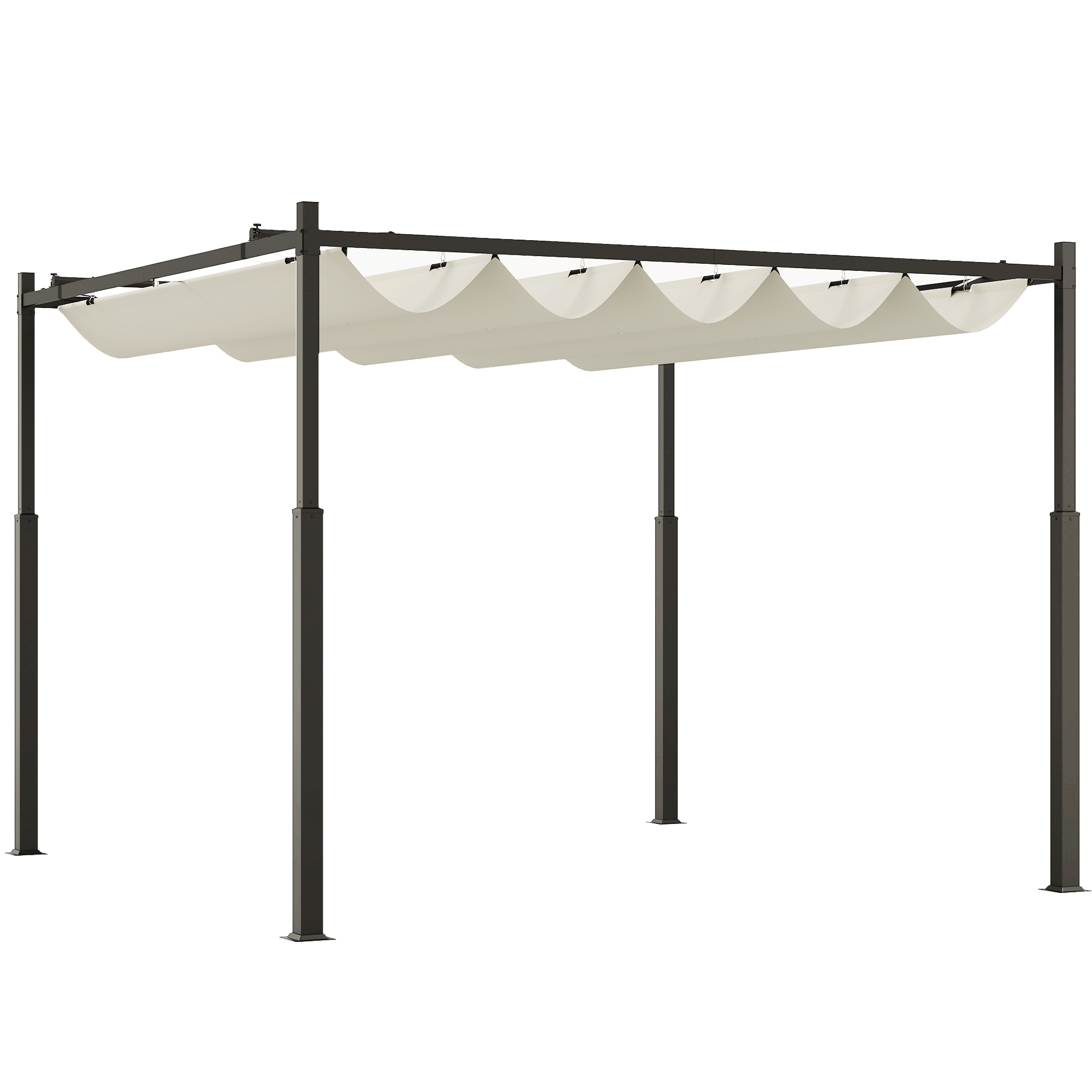 Outsunny Tuin Pergola, 3 x 3 m, Uitschuifbaar Dak en Magneetpad, Buiten Luifel, Tuinpaviljoen, UPF30+, Metaal, Cr��mewit