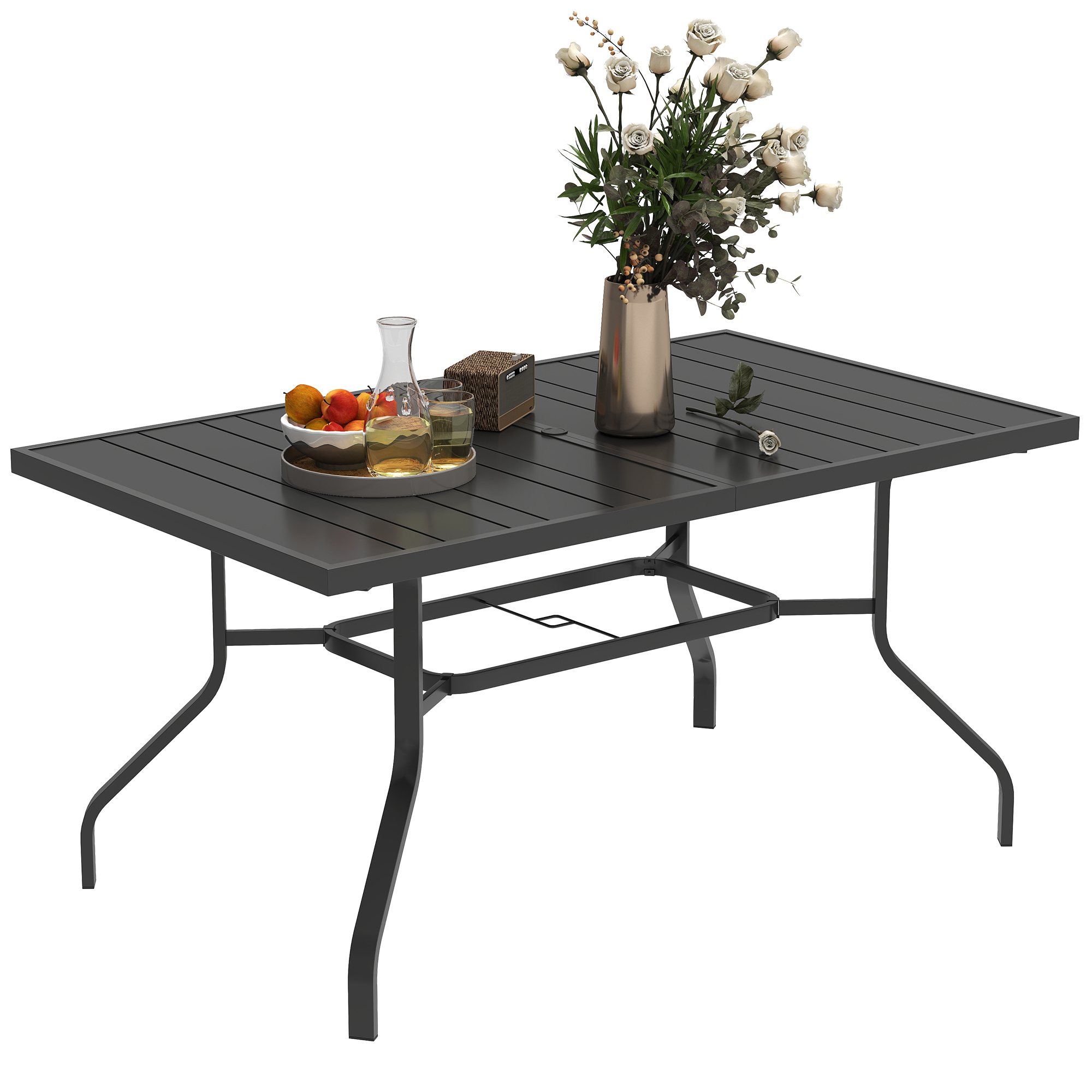 Outsunny Tuintafel 152x90 cm, Weerbestendige Balkontafel van Staal, Bijzettafel met Parasolgat, Lattenontwerp Zwart