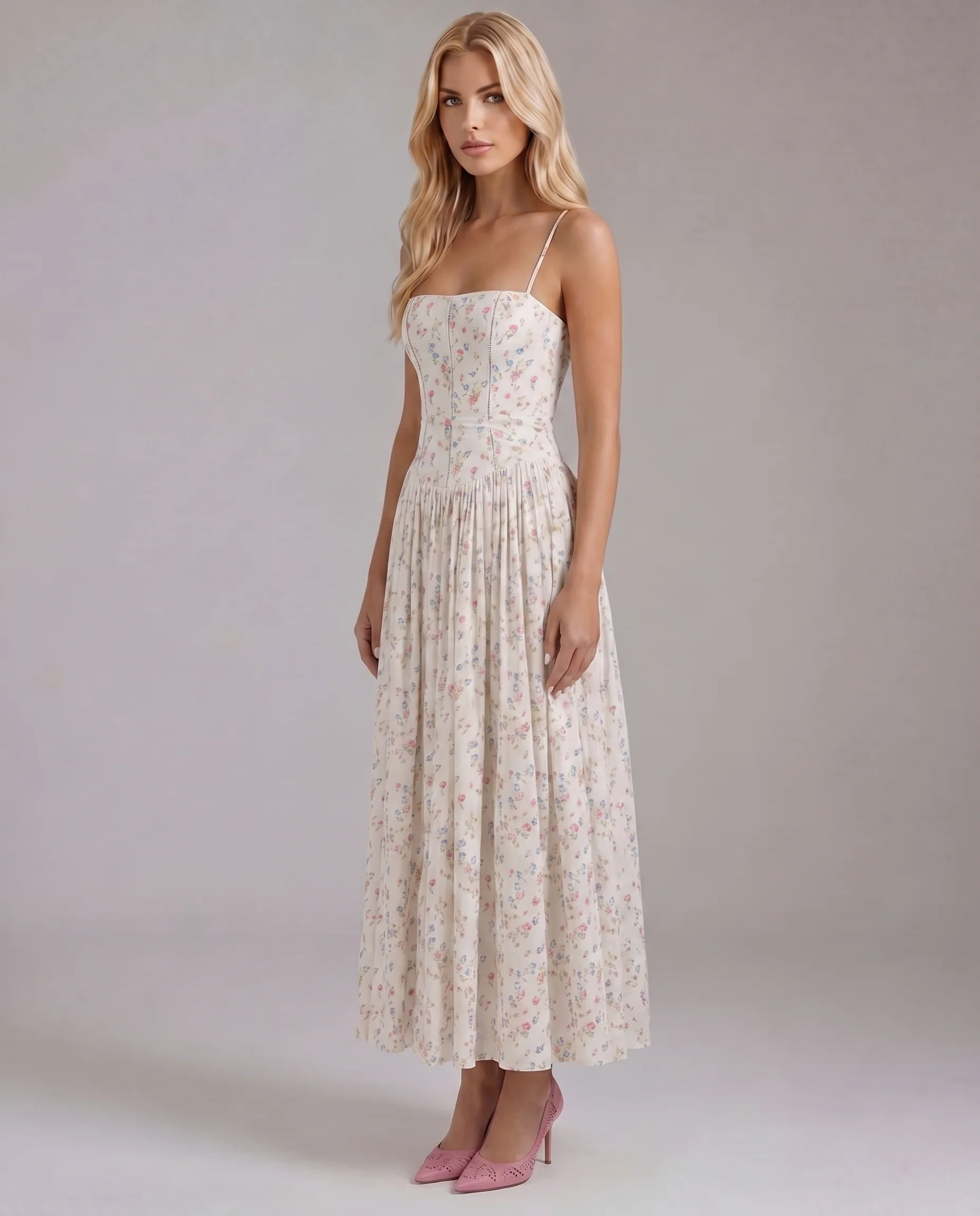 Damen Midi-Kleid mit Blumenmuster | Sommerliches Kleid mit Spaghettitr?gern und Spitzenbesatz | Florales Kleid f��r Hochzeitsg?ste