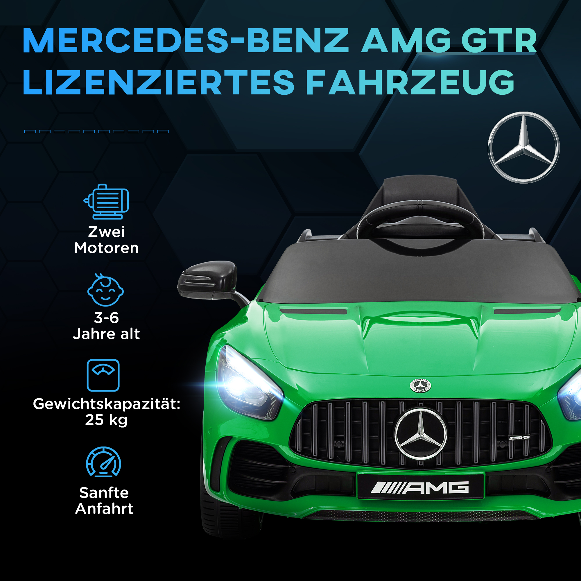 AIYAPLAY Elektrisch Kinderauto, Mercedes, 3-5 km/u, Afstandsbediening, Licht & Muziek, Groen