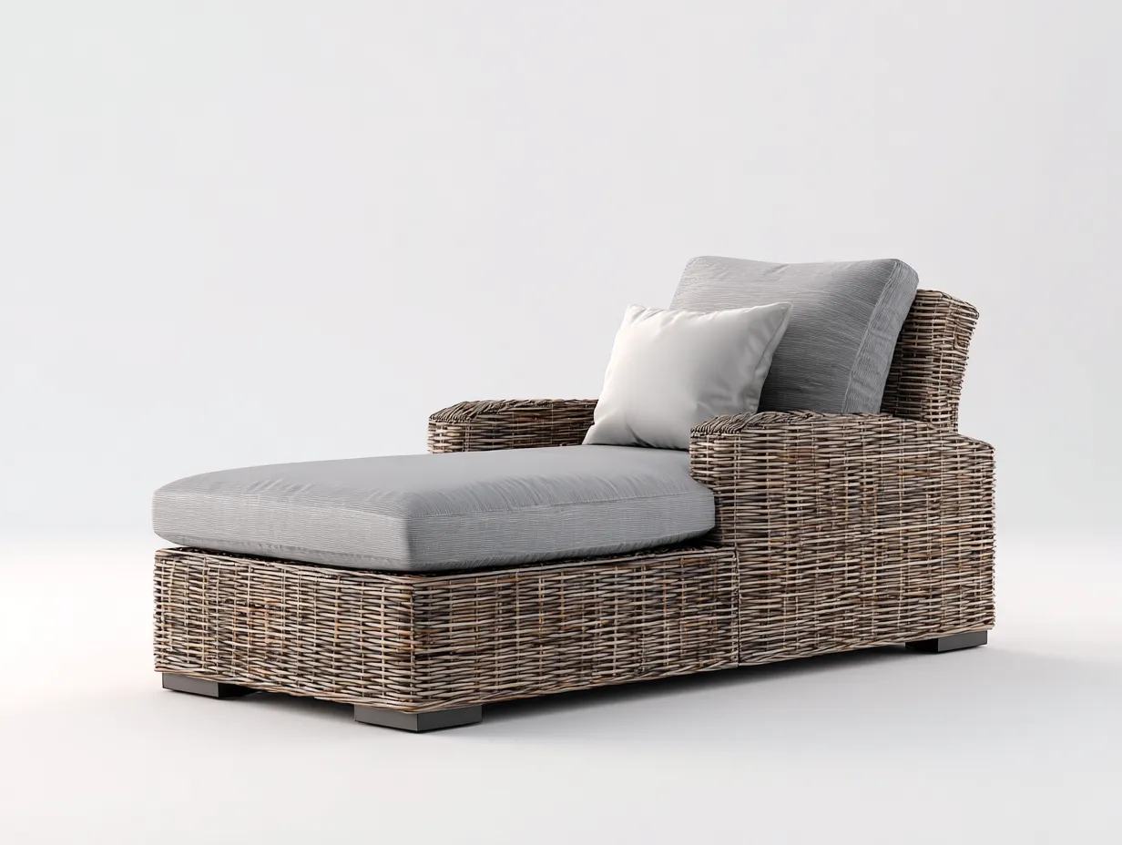 Sonnenliege-Rattan-Holz-Textil-206 x 80 x 94 cm-Grau-Natur-Modern