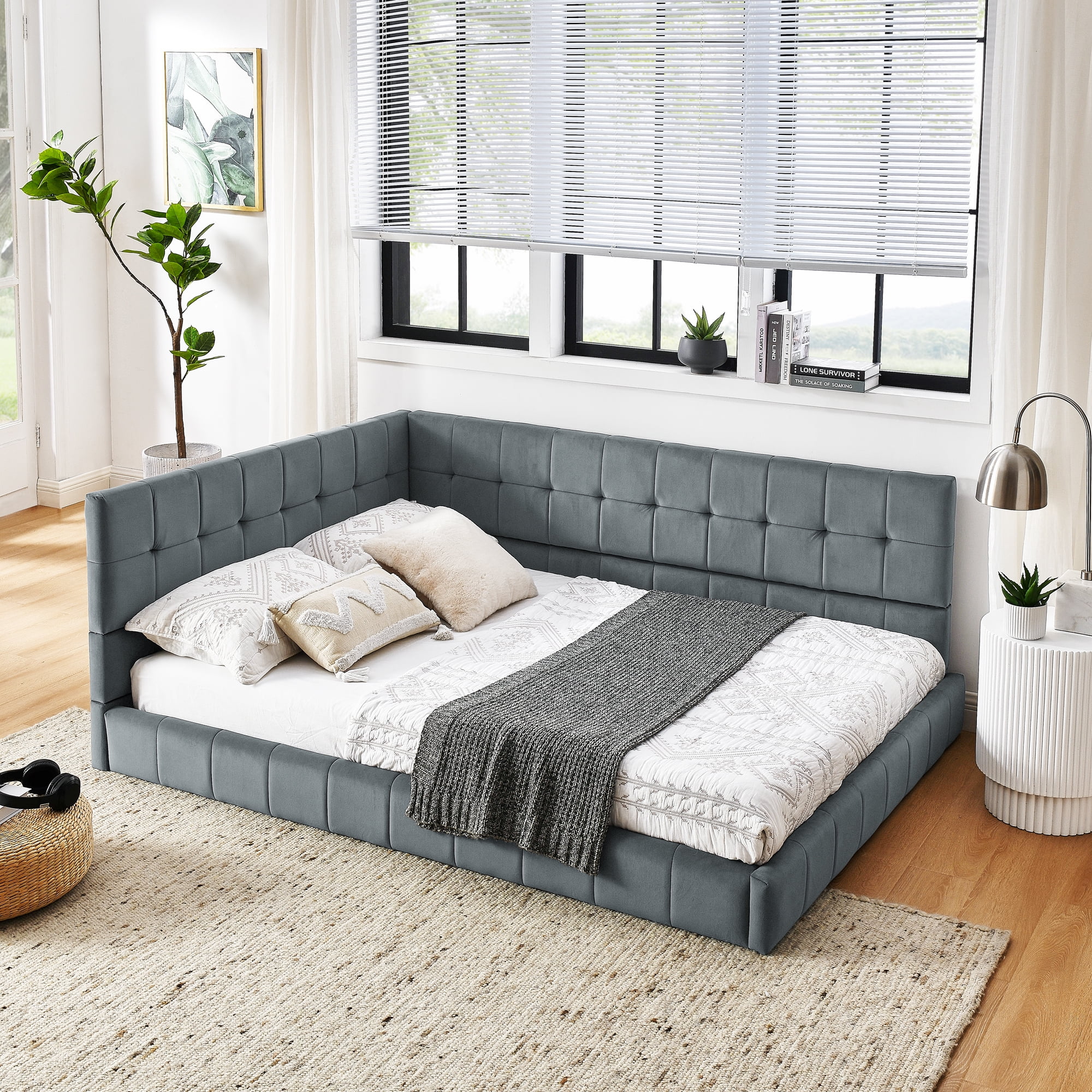 Full Size Upholstered Tufted Bed Frame with Comfortable Backrest and Armrests, Velvet Sofa Bed for Bedroom or Living Room, Grey (80.5” x 59” x 30.5”)