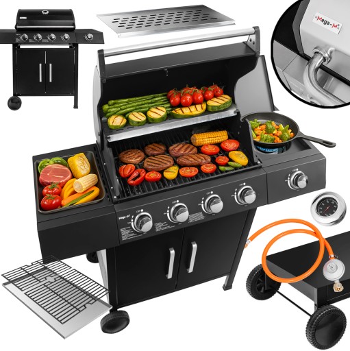 GRILL GAZOWY Ogrodowy RUSZT ŻELIWNY 13kW 4+1 Z SZAFKĄ I STOLIKIEM BOCZNYM