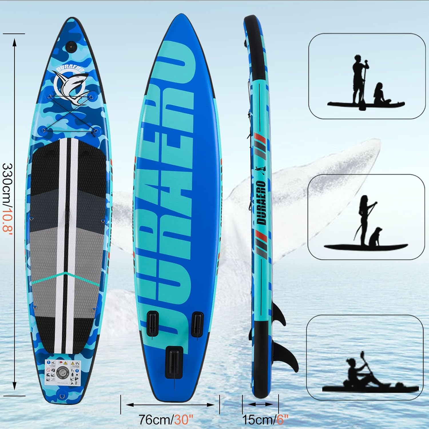 Inflatable Paddle Board with Kayak Seat, 330 x 76 x 15 cm, up to 150 kg, Integrated Pad, Detachable Fin, Double Adjustable Paddle, Repair Kit, Blue Camouflage