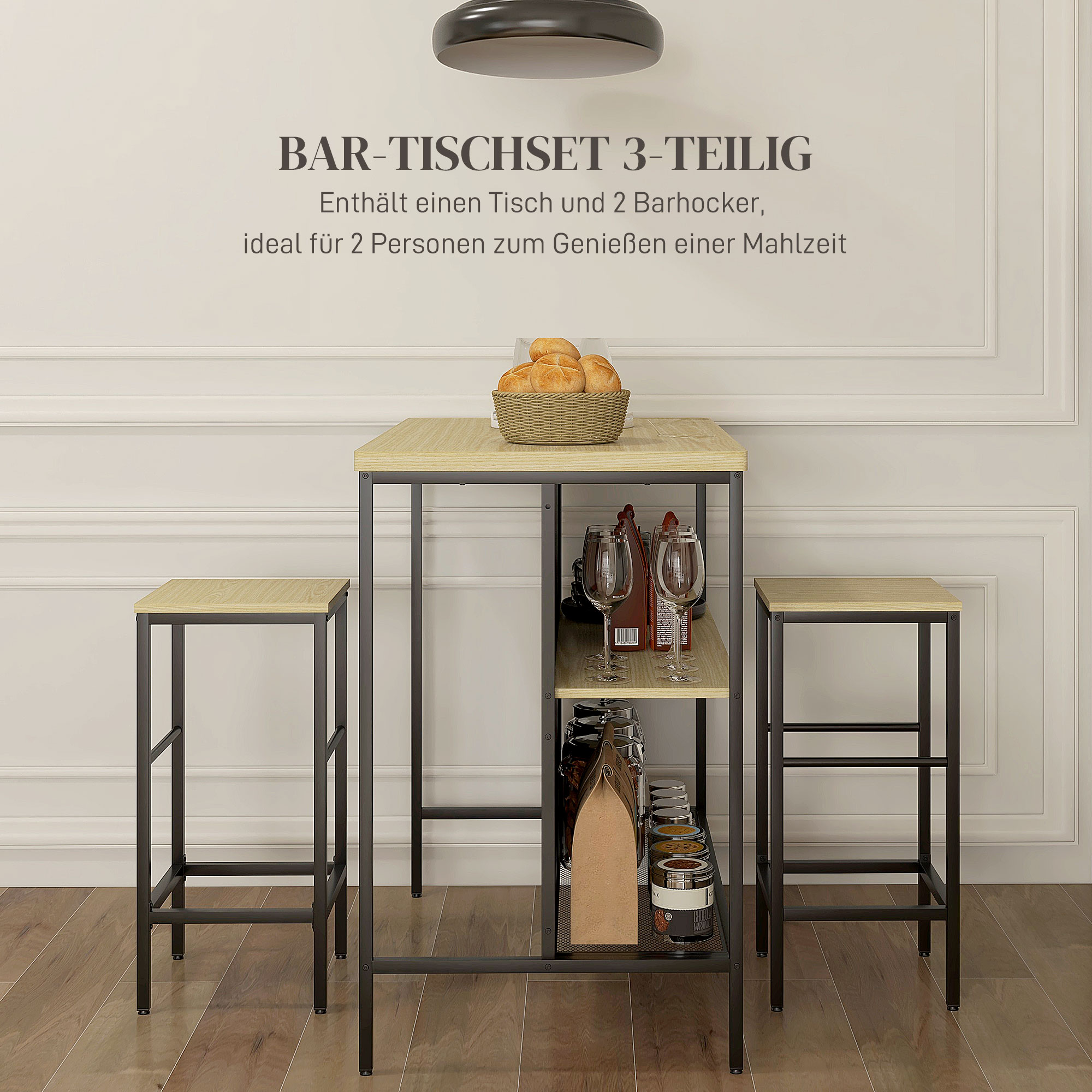 Barset, 2 Barkrukken & 1 Bartafel, vlekbestendig, stabiel, Staalframe, Zwart/Eik