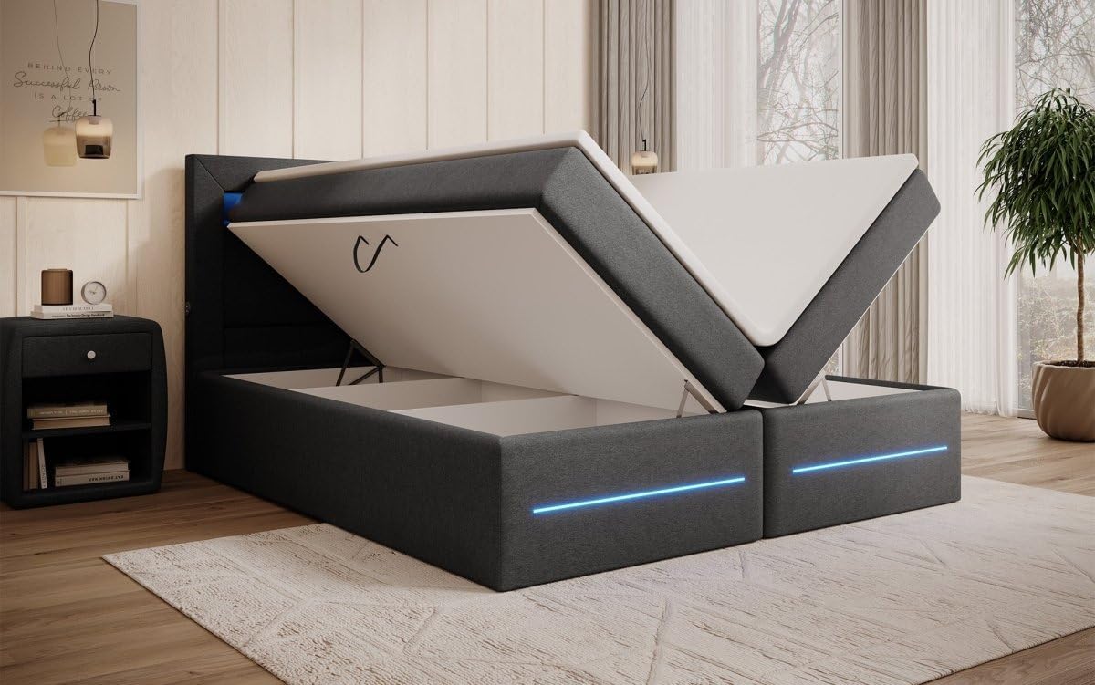 Boxspringbett Nera 180x200 Doppelbett Polsterbett Bett mit LED, USB und Stauraum | Bezug: Stoff | Farbe: Grau | Härtegrad: H4 (100kg+)
