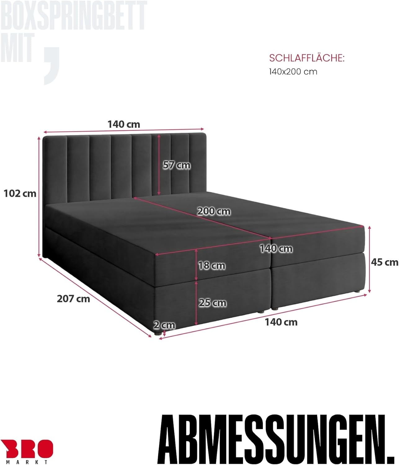 BROMARKT Boxspringbett mit Bonell Matratze Härtegrad H3 140x200cm Polsterbett mit Bettkasten Doppelbett mit Topper gepolsterte Kopfstütze Bett für Schlafzimmer Denver Dunkelgrau
