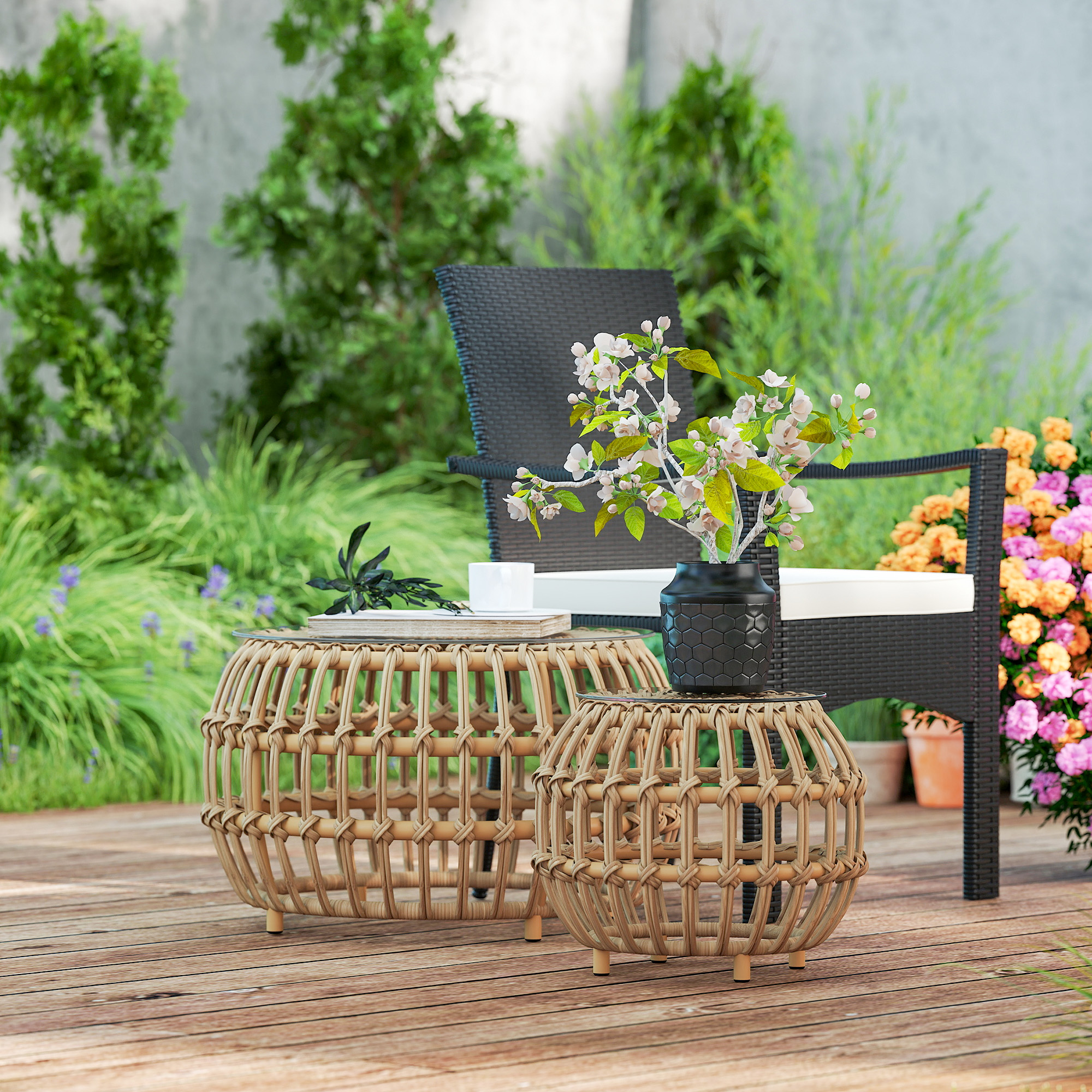 Outsunny 2-delige Set Bijzettafels Polyrattan ?66/42 cm Rond Weerbestendig met Glazen Blad - Bruin