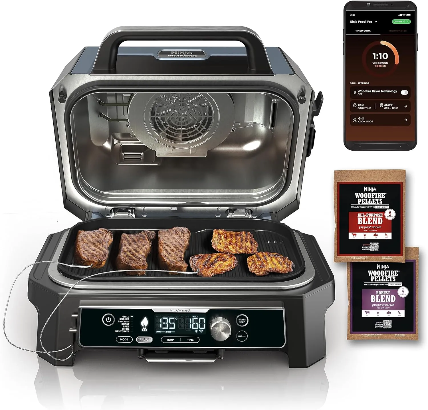 Premium XL Outdoor Grill & Smoker, Bluetooth, App Enabled, 7-in-1 Master Grill, BBQ Smoker, Outdoor Air Fryer, Woodfire Technology, 2 Built-In Thermometers, Black