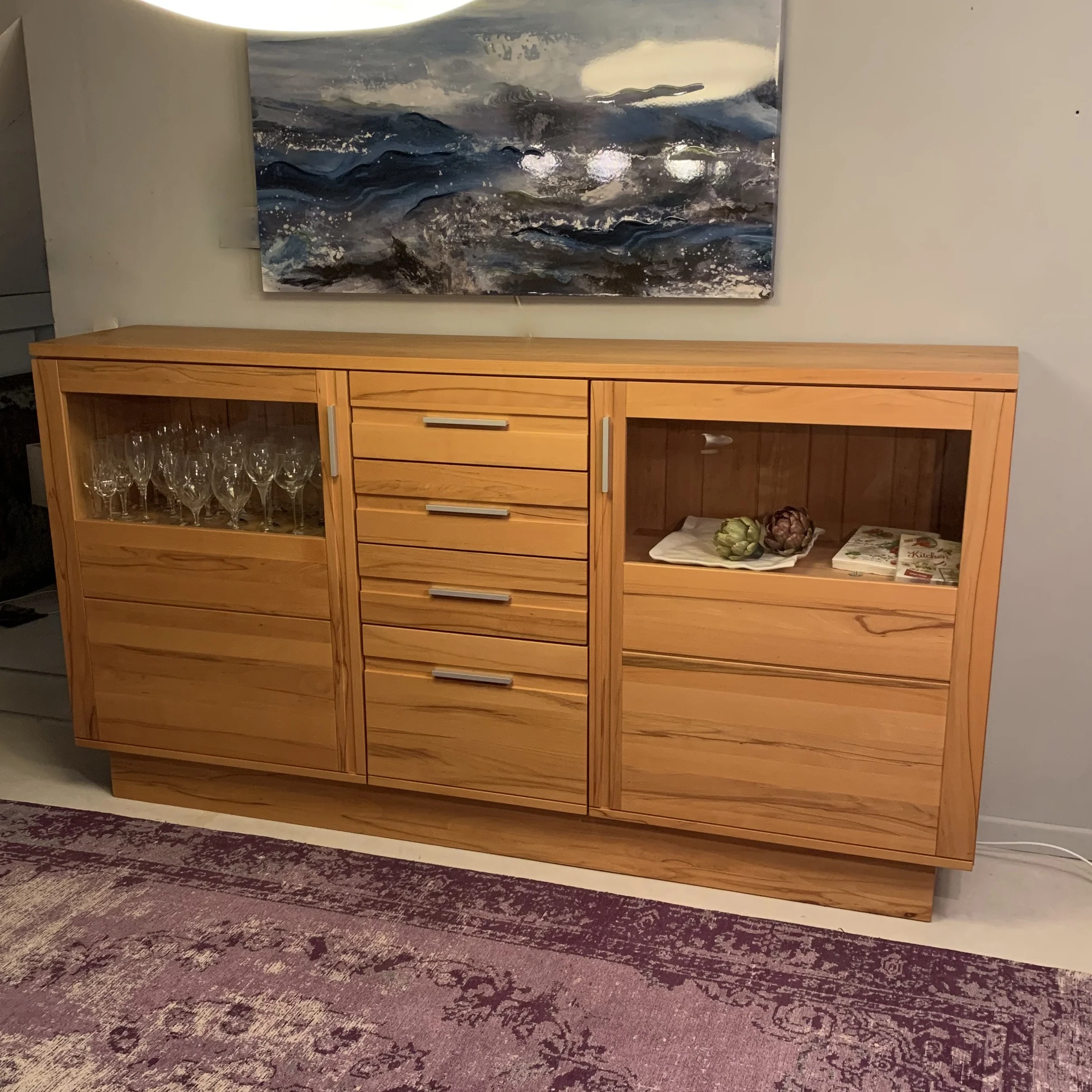 SALE! Modernes Landhaus Highboard mit Vitrine Kernbuche massiv 208x112x42cm Hochanrichte mit Schiebetüren und Beleuchtung