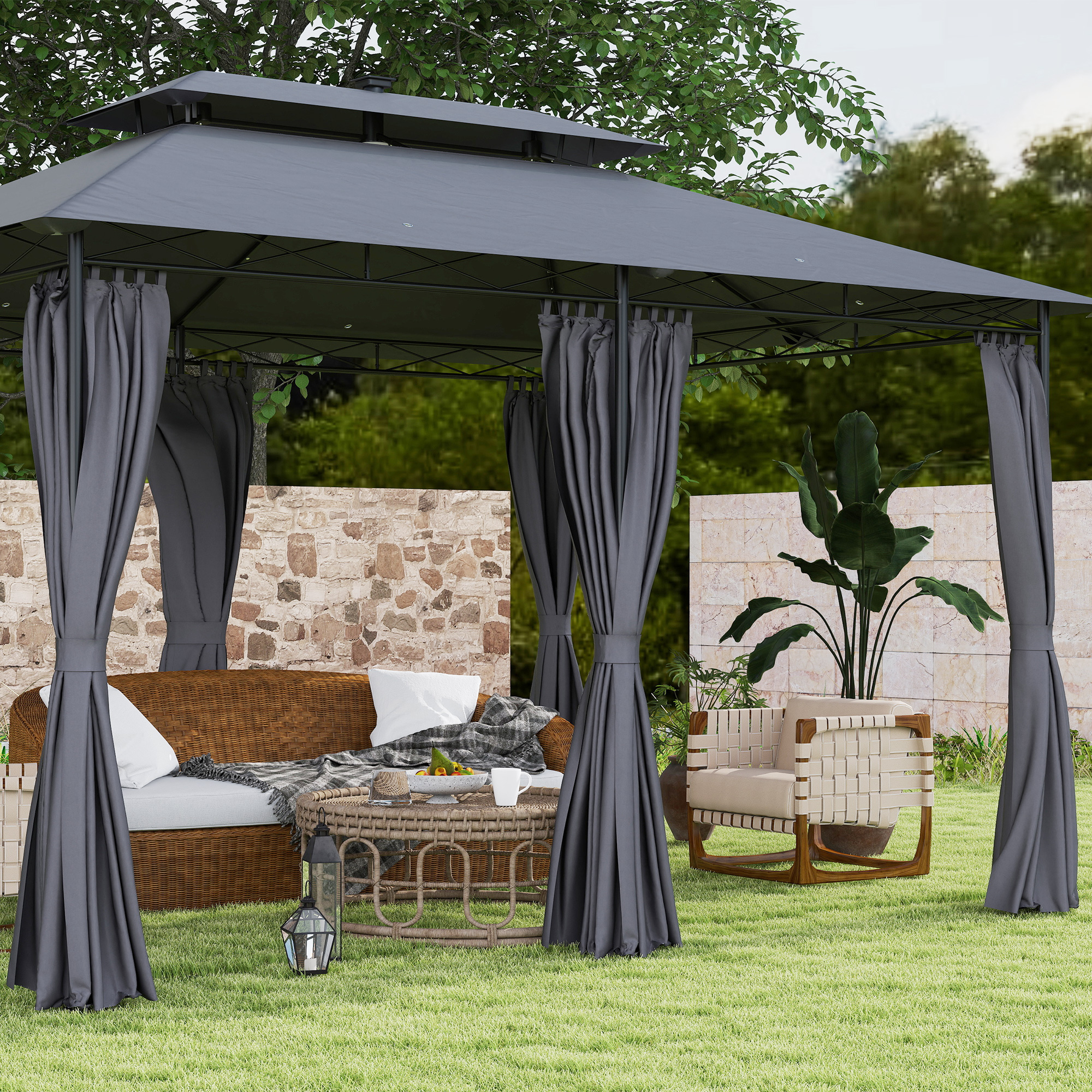 Outsunny 3 x 4 m Tuinpaviljoen, Tuintent met Zijwanden en Solar-LED-Lichten, Stalen Frame, Terrastent, Donkergrijs