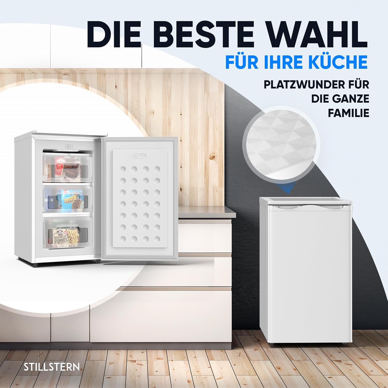 Stillstern Gefrierschrank Klein (73L) 4-Sterne-Gefrierfach -18°C ger. Energiever. Mini Freezer mit 3 Fächer, stufenlos reg. Temp., kleine Tiefkühltruhe, Türanschlag r./l. Tiefkühlschrank R600A Weiß
