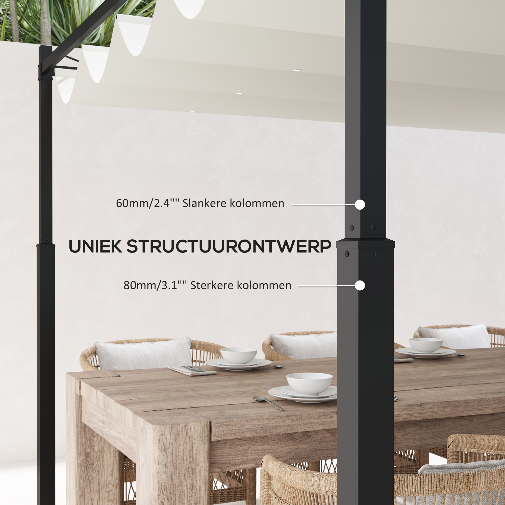 Outsunny Tuin Pergola, 3 x 3 m, Uitschuifbaar Dak en Magneetpad, Buiten Luifel, Tuinpaviljoen, UPF30+, Metaal, Cr��mewit