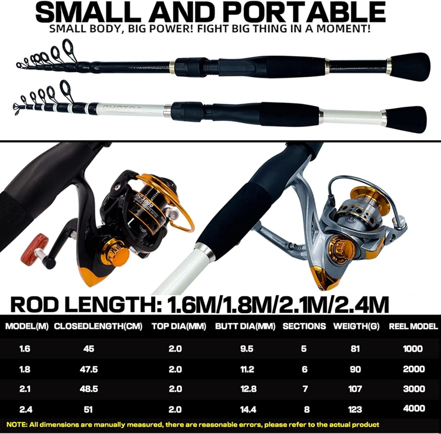 Angelset, ultraleichtes Teleskop-Angelruten-Set aus Carbon mit Rolle, Ködergewicht 10–30 g, Power-Angelrute, Reise-Geschenkrute, 1,6–2,4 m, Angelzubehör-Set (weiße Rute mit Rolle 2,1 m)