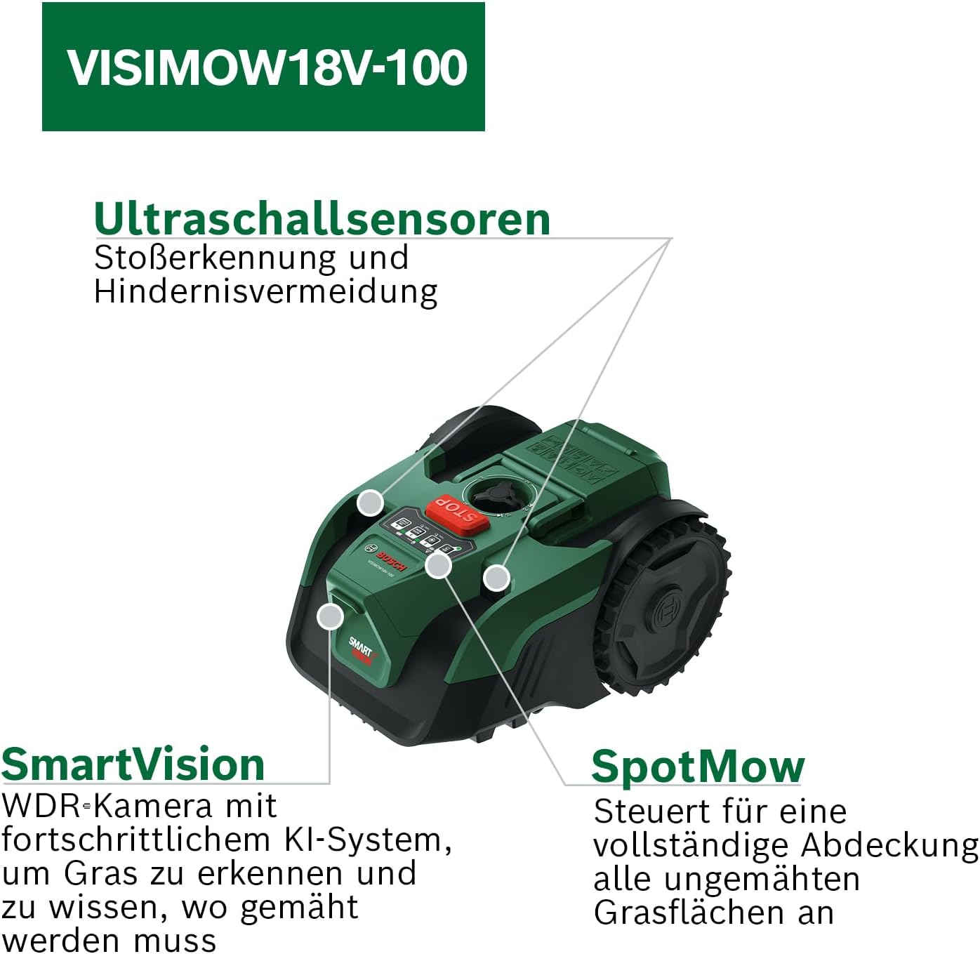 Akku-Mähroboter VISIMOW18V-100 (für Rasenflächen bis 100 m², Schnittbreite: 16 cm, Schnitthöhe: 20-60 mm, mit Ersatzmessern, inkl. Akku und Ladegerät)