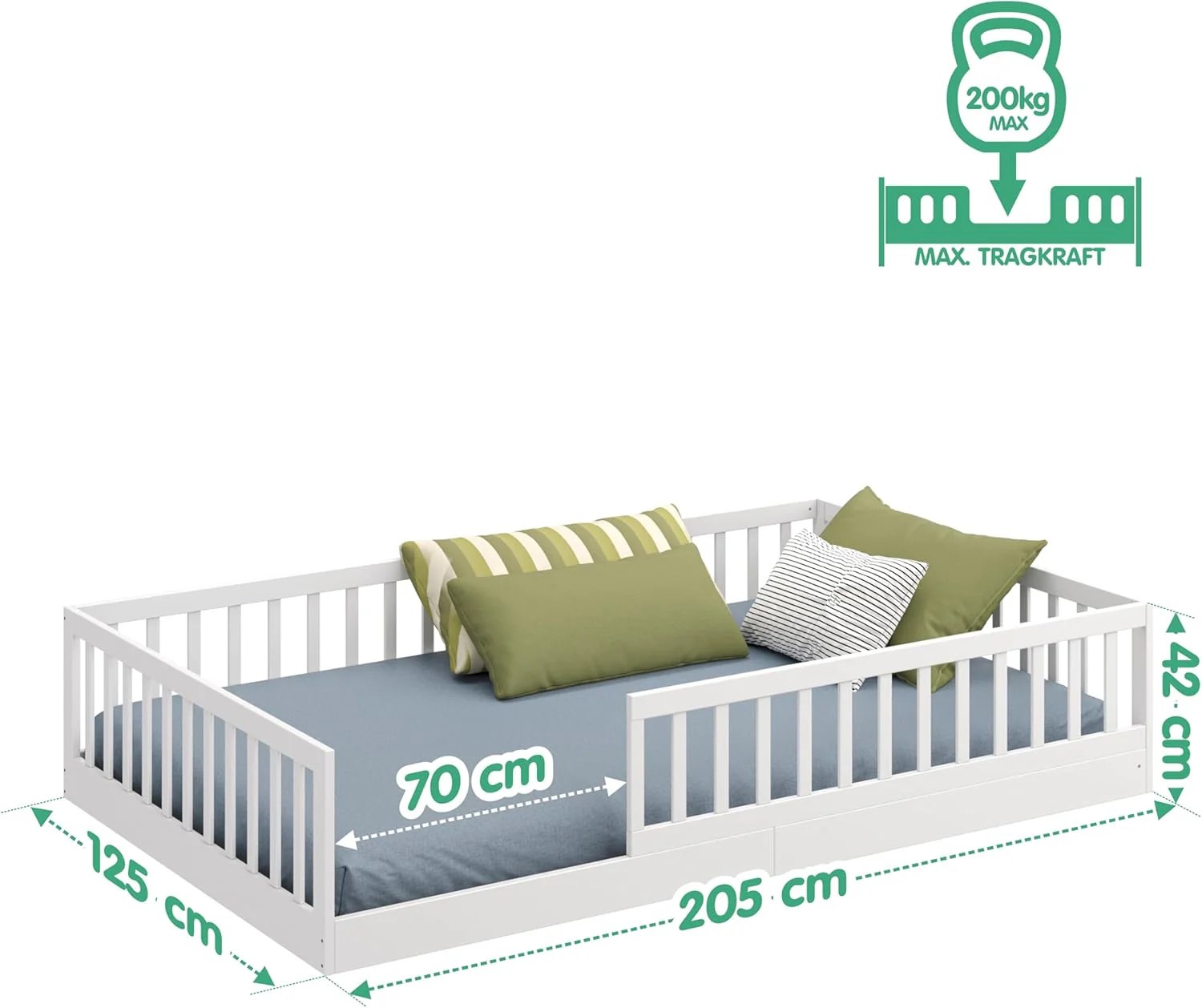 CADANI Timi 2-in-1 Vloerbed 140x200 cm Montessori Kinderbed met uitneembare valbeveiliging incl. lattenbodem, massief grenenhout, wit - 3 opbouwmogelijkheden, belastbaar tot 200 kg, ombouwbaar