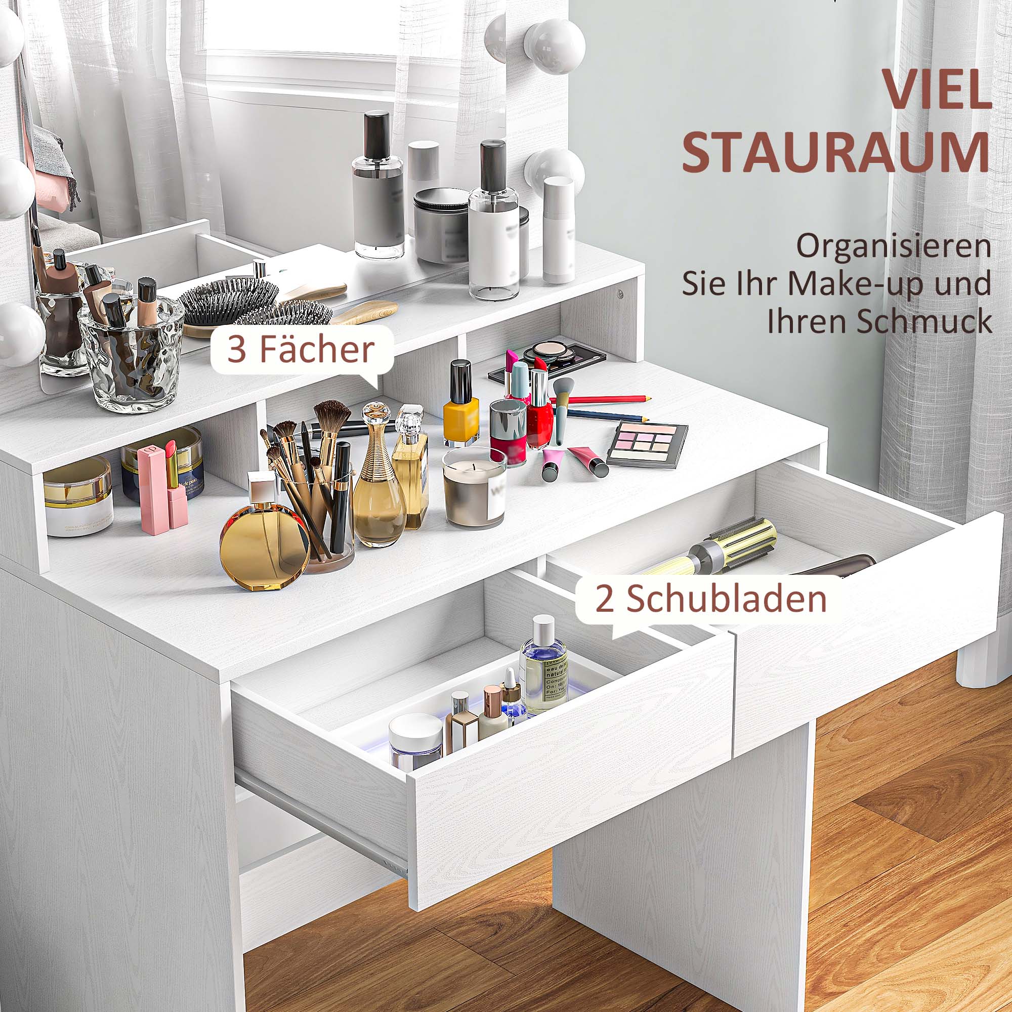 Kaptafel met Verlichte Spiegel, Laden, 3 Lichtopties, 10 Lampen, Hedendaagse Witte Make-uptafel