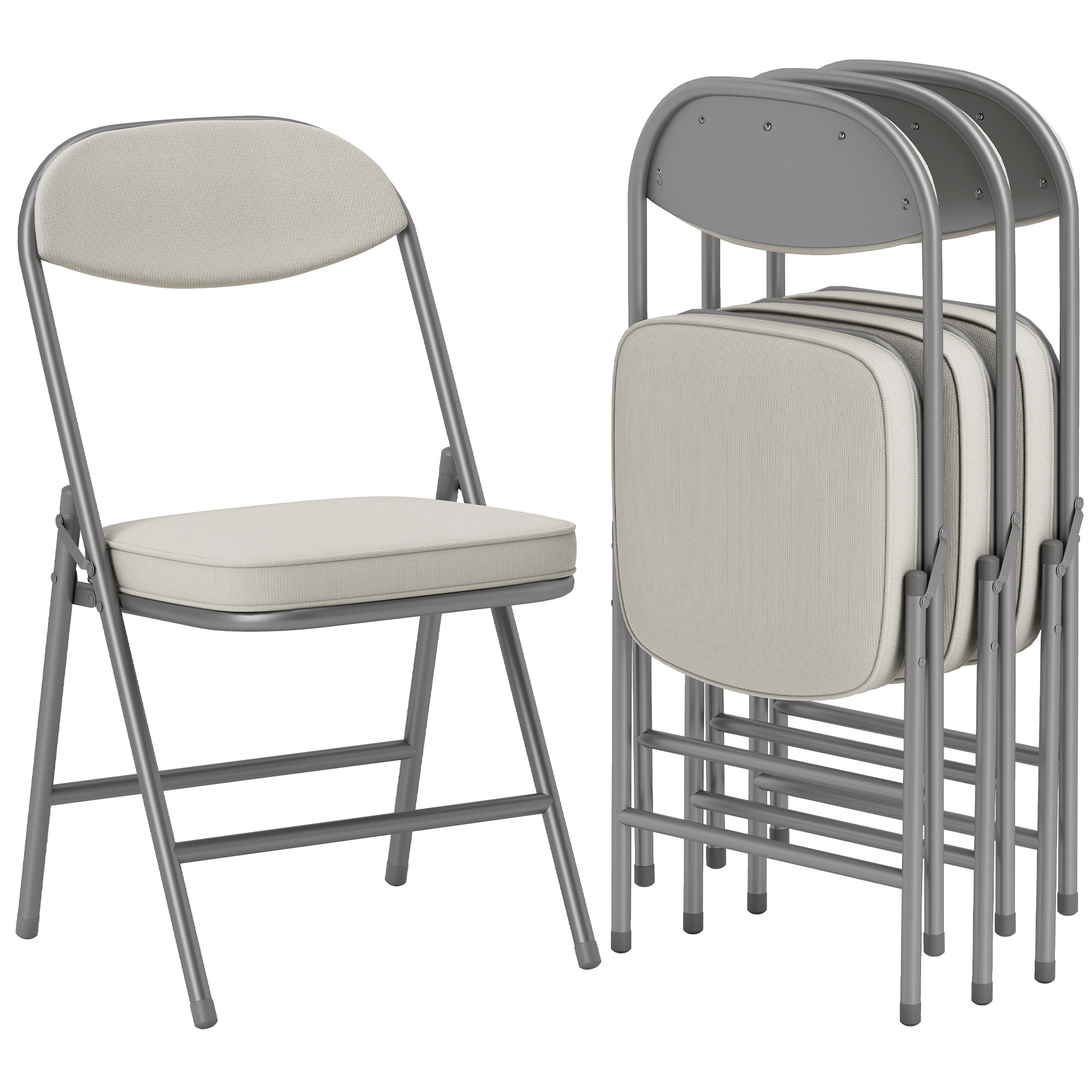 4-delige Set Gestoffeerde Opklapbare Stoelen, Opvouwbare Stoelen met Corduroy Bekleding, Rugleuning, Metalen Frame, Cr��mewit