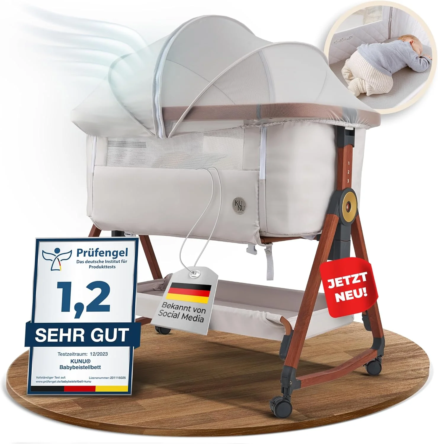 KUNU nieuw baby-co-sleeper - Van ouders voor ouders - Scandinavisch design - Verrijdbaar & schommelfunctie - In hoogte verstelbaar - Baby-geoptimaliseerd matras - incl. reistas