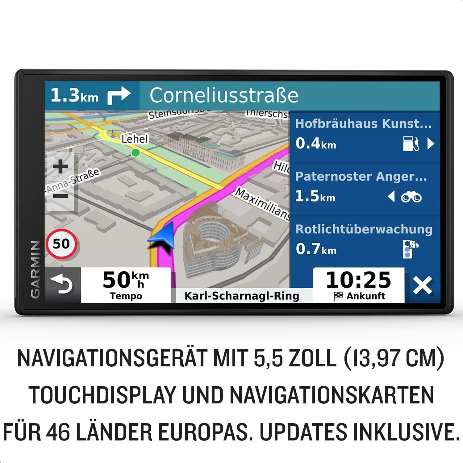 DriveSmart 55 - Navigationsgerät mit hellenm 5,5 Zoll (13,97cm) Touchdisplay, Europakarten, Verkehrsinfos in Echtzeit und Fahrerassistenz