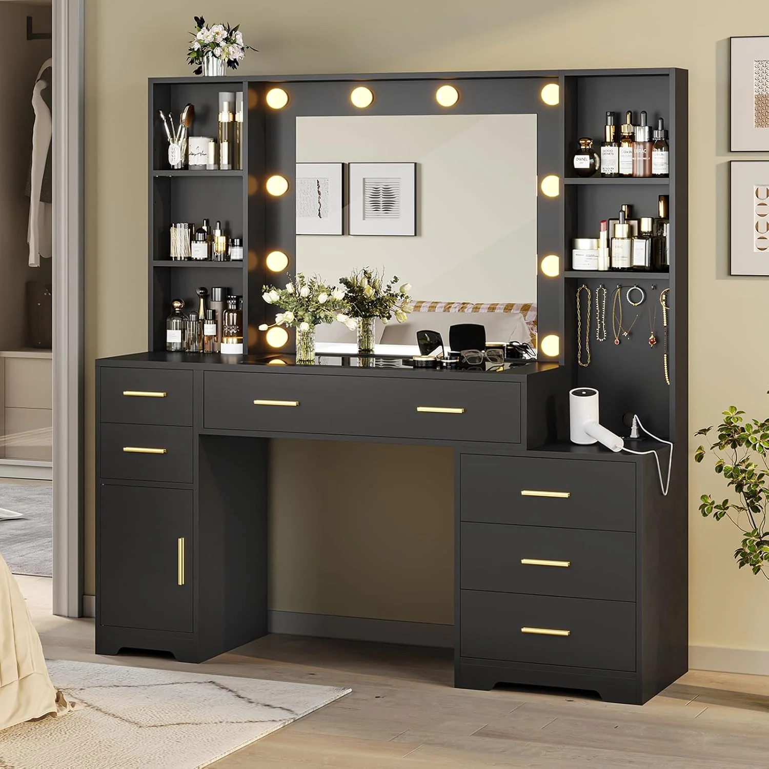 Hasuit 48.8'' Large Vanity Desk with Lighted Mirror & Power Outlet. Makeup Vanity Table