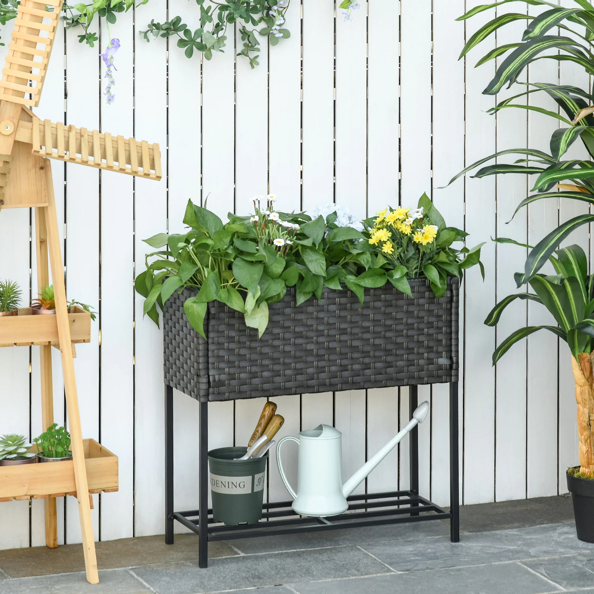 Outsunny Verhoogde moestuin plantenbak rugvriendelijk met plank polyrotan