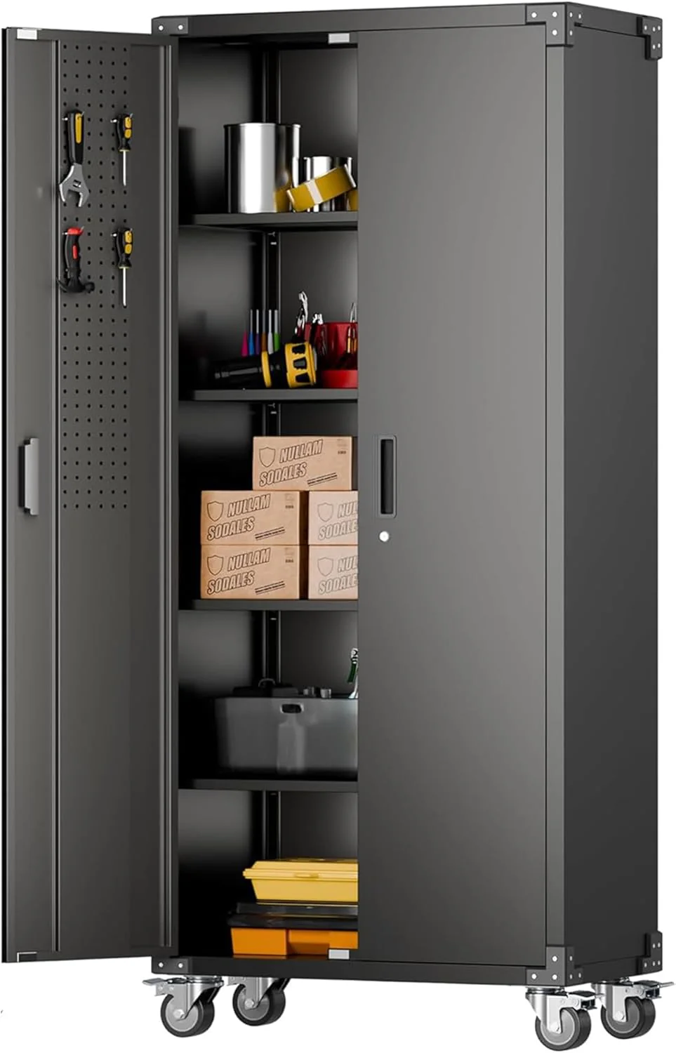 Aobabo 73''H Metal Garage Storage Cabinet with Wheels,Steel Cabinets with 2 Doors and 4 Adjustable Shelves for Home Office,Required Assembly,Black