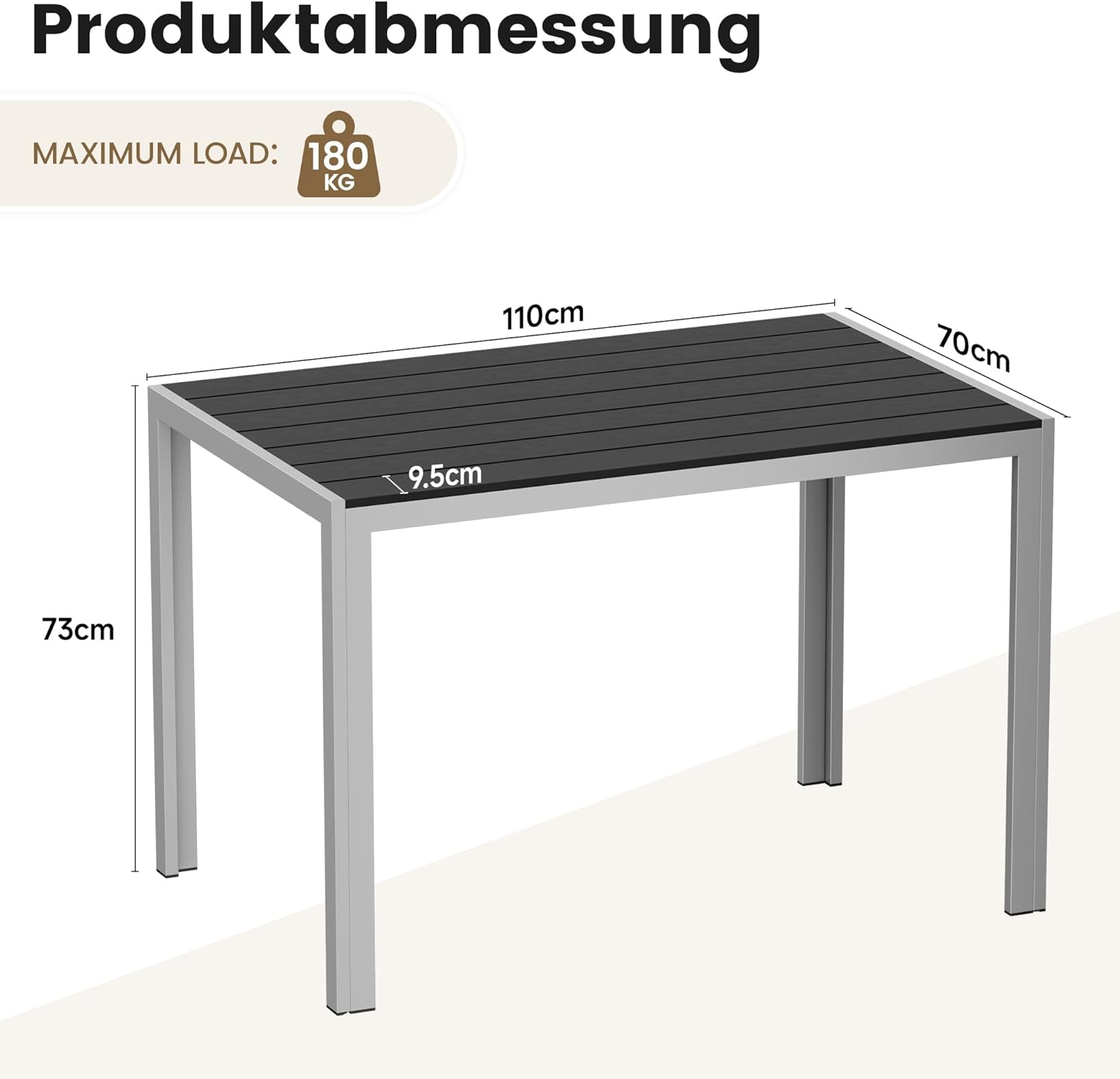 Amopatio Gartentisch Wetterfest 110×70 cm, WPC Balkontisch Aluminium, Rechteckiger Terrassentisch UV-beständig Gartenmöbel für Garten & Outdoor, Moderner Esstisch Grau-Schwarz